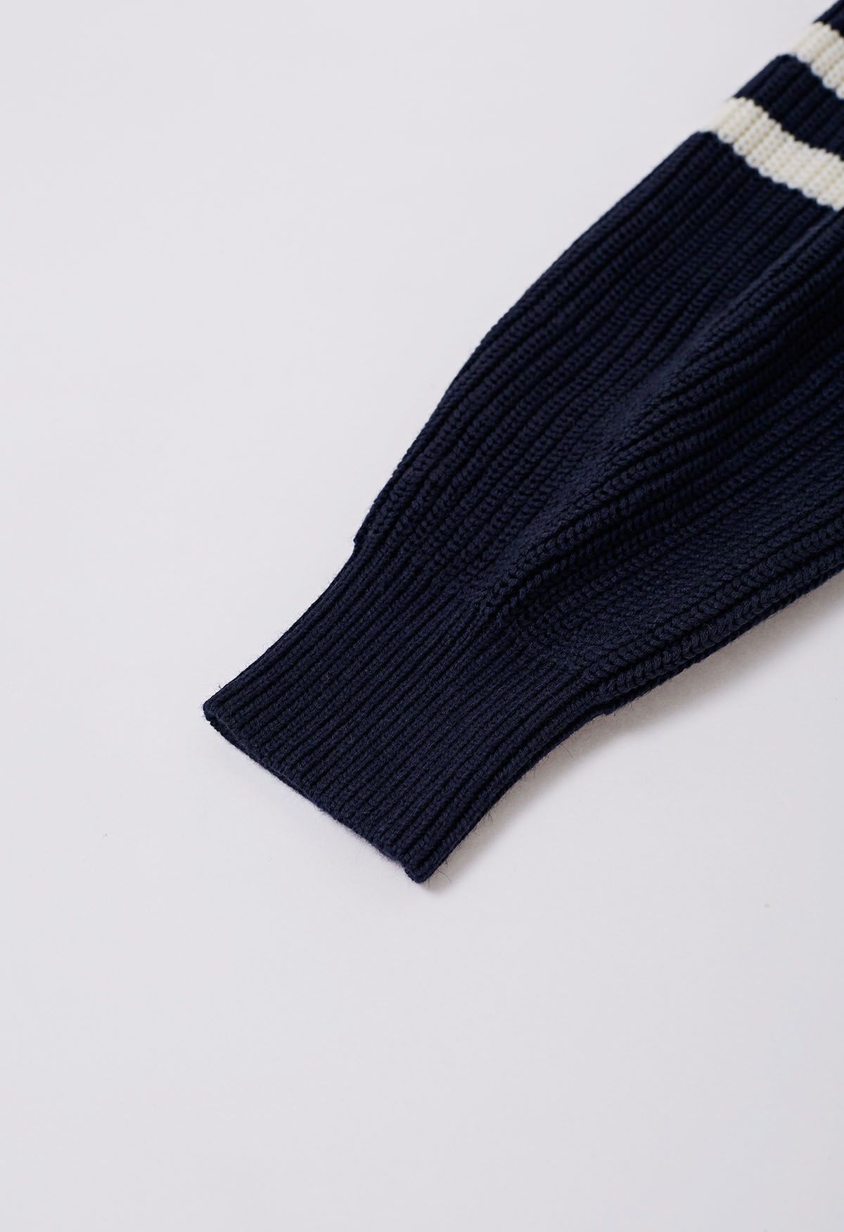 Flap Collar Zipper Neck Striped Knit Sweater in Navy