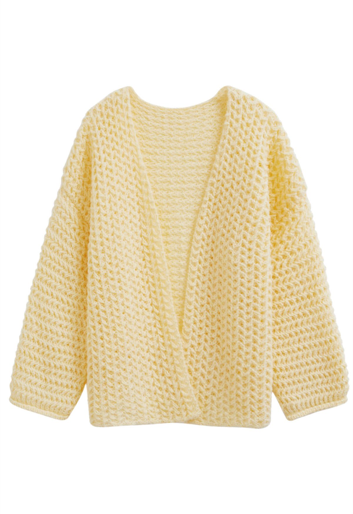 Open Front Hollow Out Knit Cardigan in Light Yellow