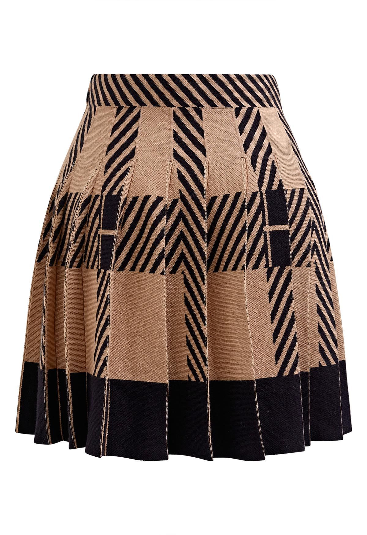 Color Block Striped Pleated Knit Skirt in Tan