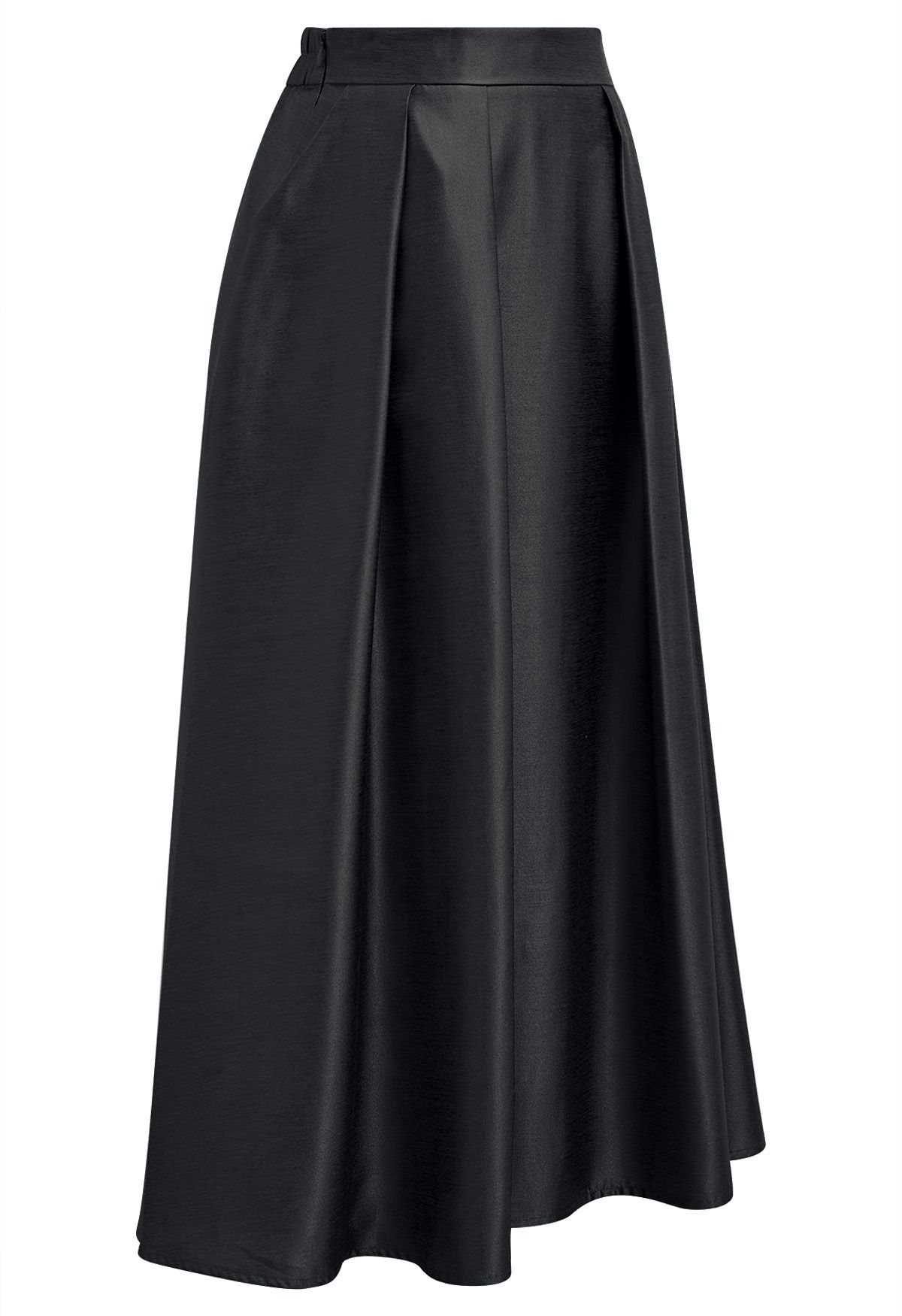 Sleek Side Pockets Pleated A-Line Midi Skirt in Black