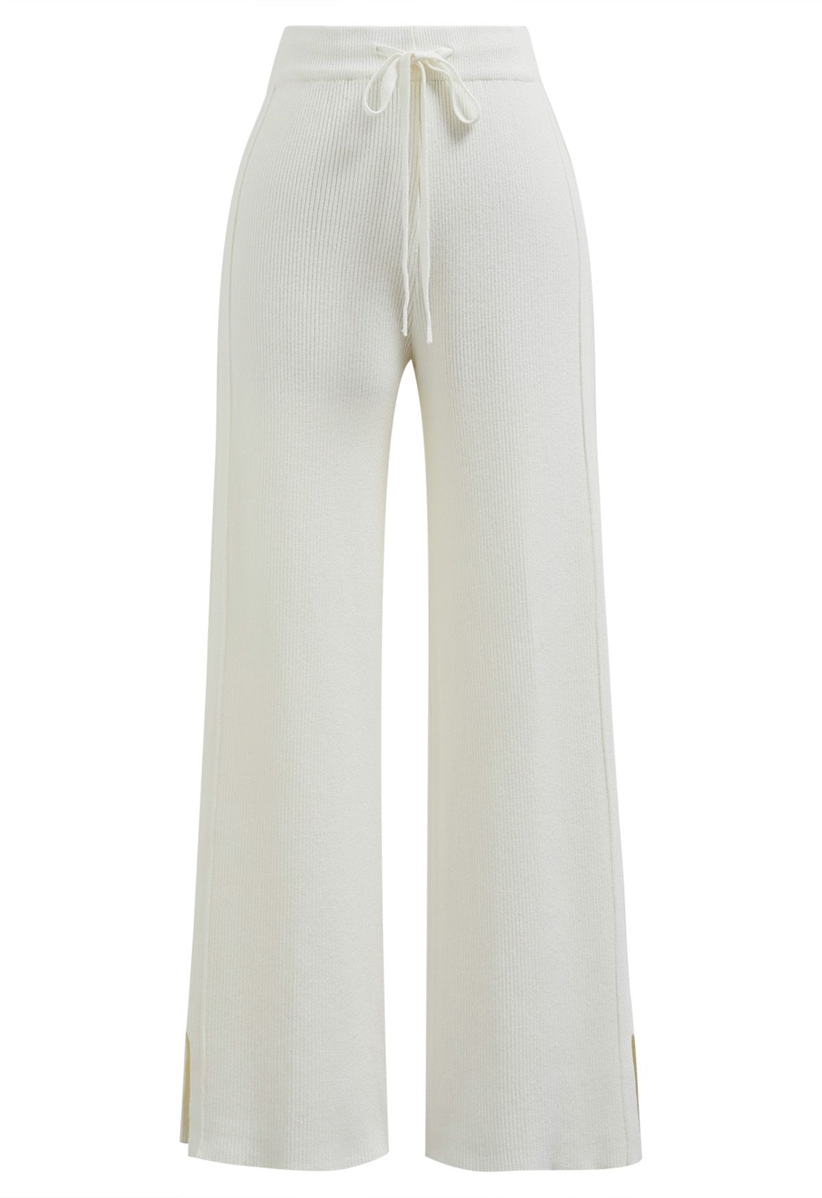 Drawstring Waist Side Slit Knit Pants in Ivory