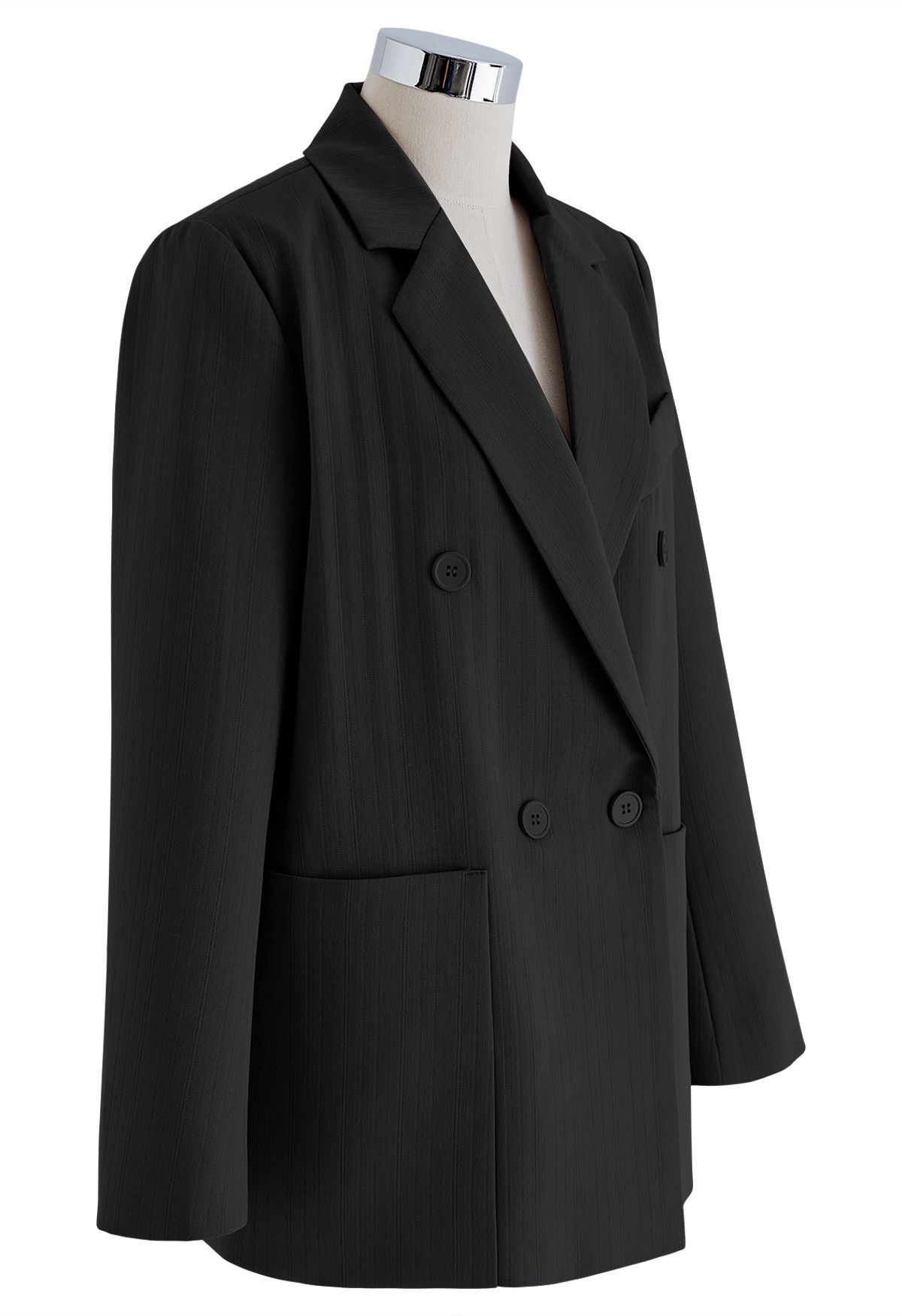 Solid Color Textured Double-Breasted Blazer in Black