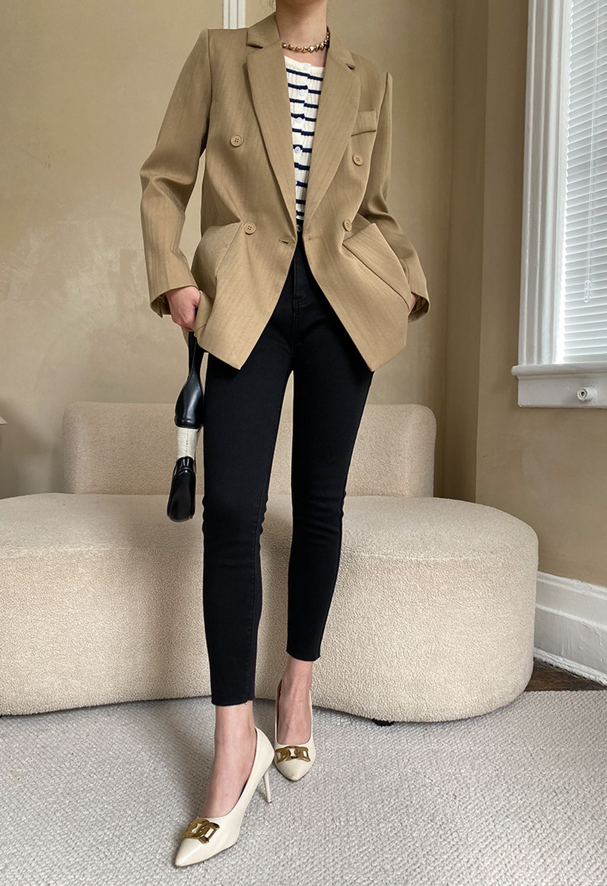 Solid Color Textured Double-Breasted Blazer in Tan
