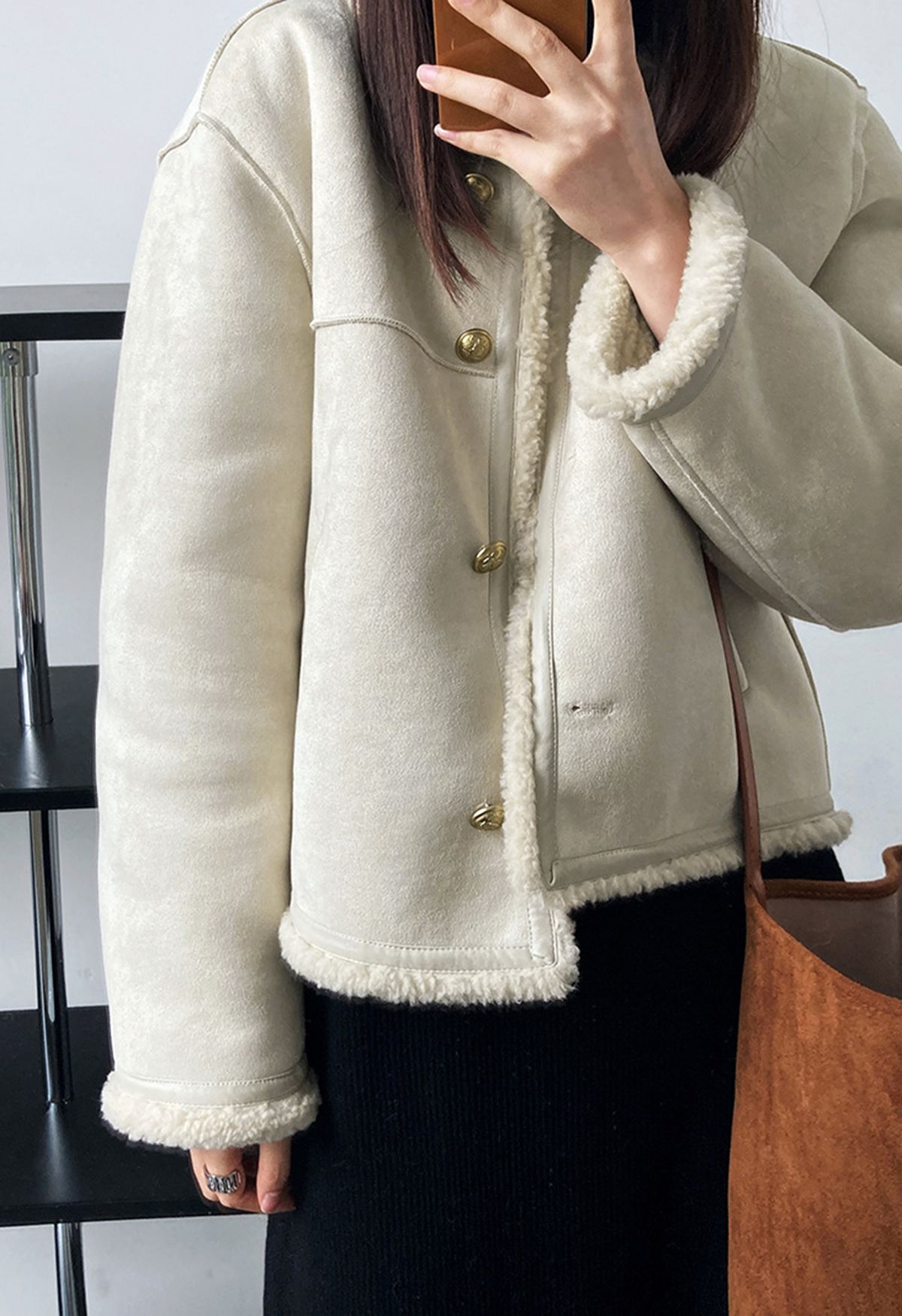 Collarless Suede Faux Fur Coat in Sand