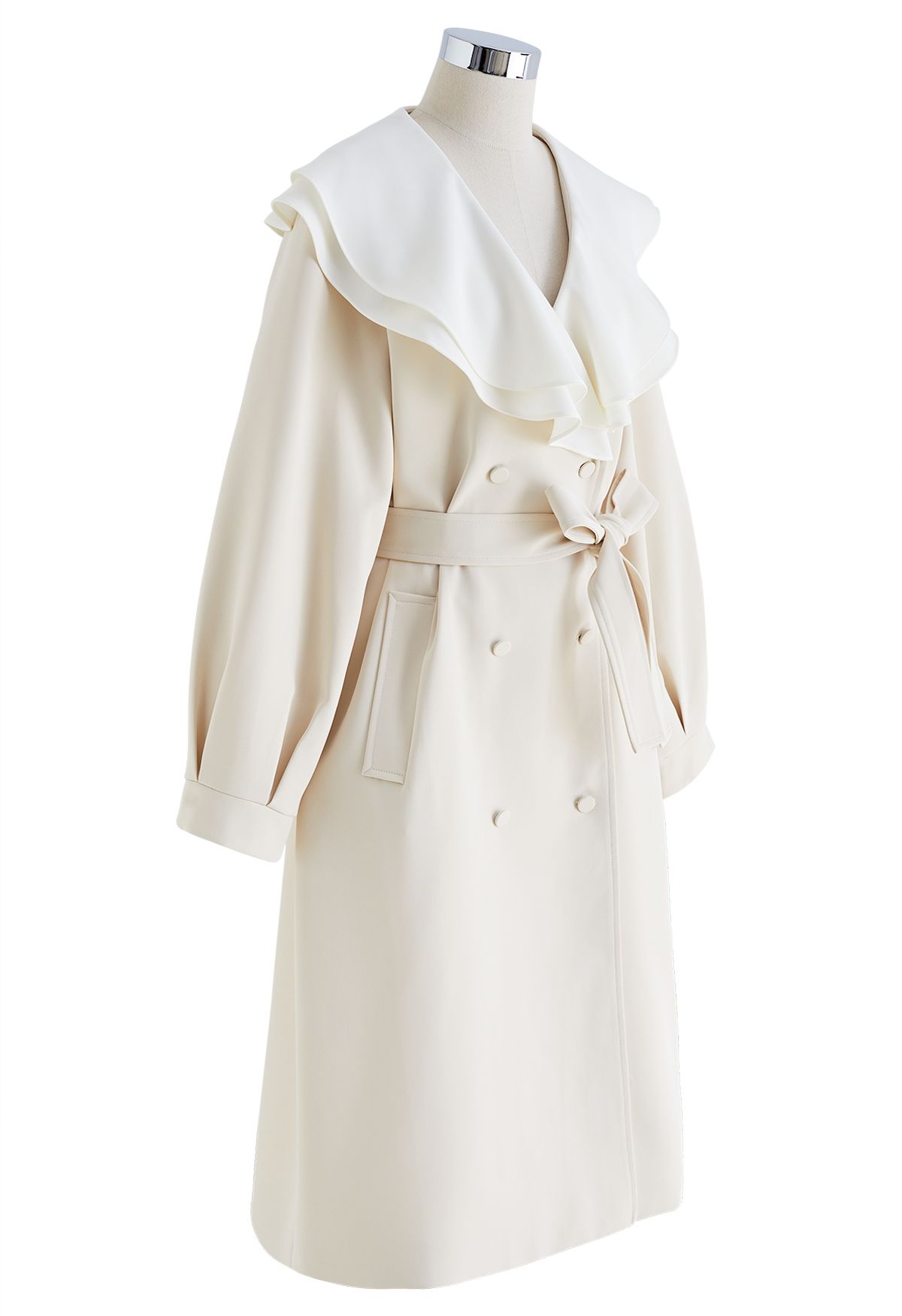 Ruffle Neck Double-Breasted Trench Dress in Ivory