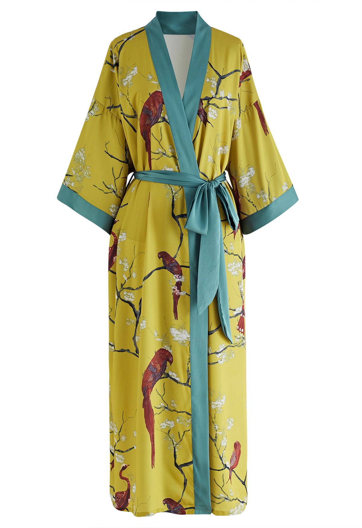 Parrot Print Satin Robe in Yellow