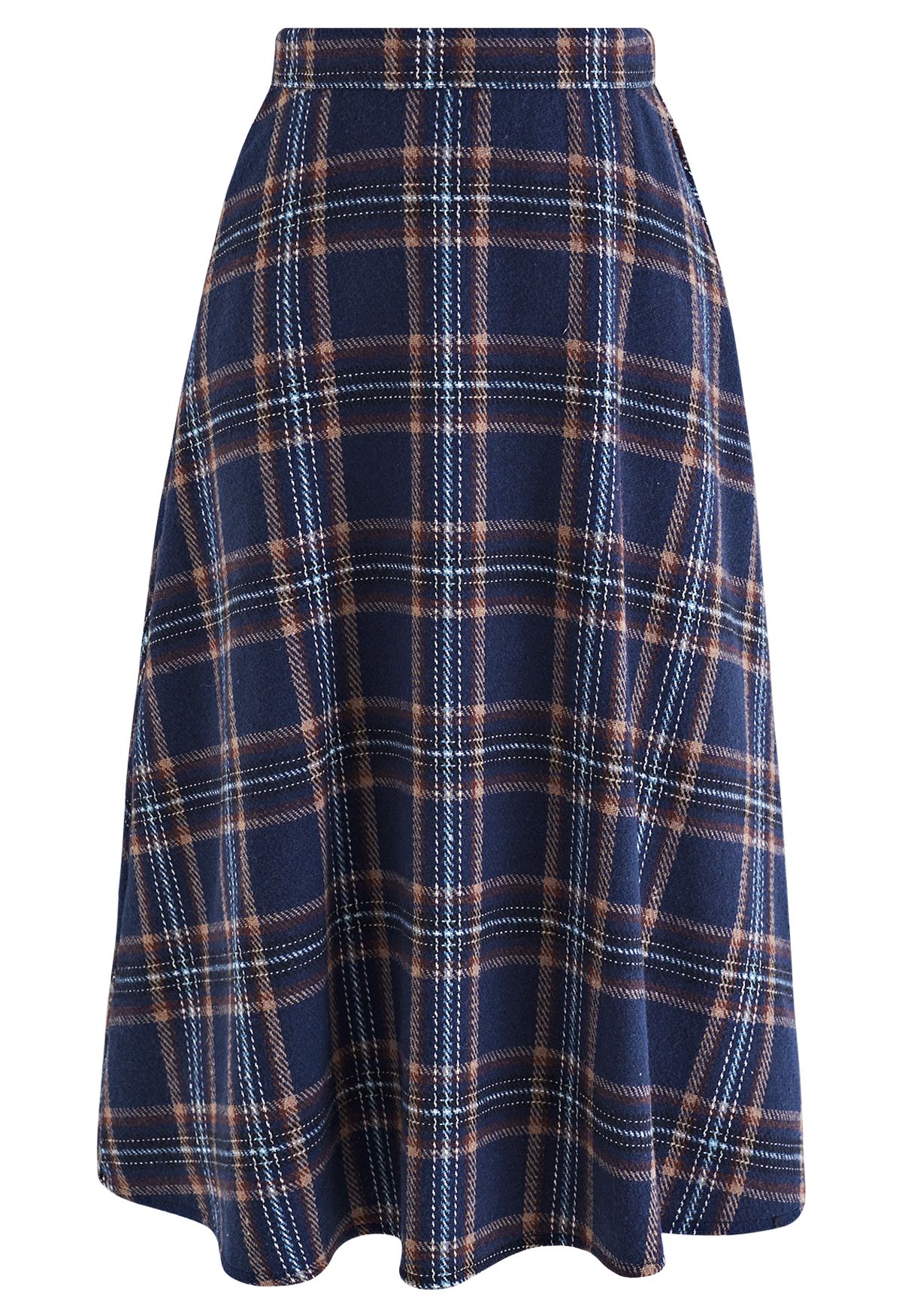 Plaid Wool-Blend Midi Skirt in Navy