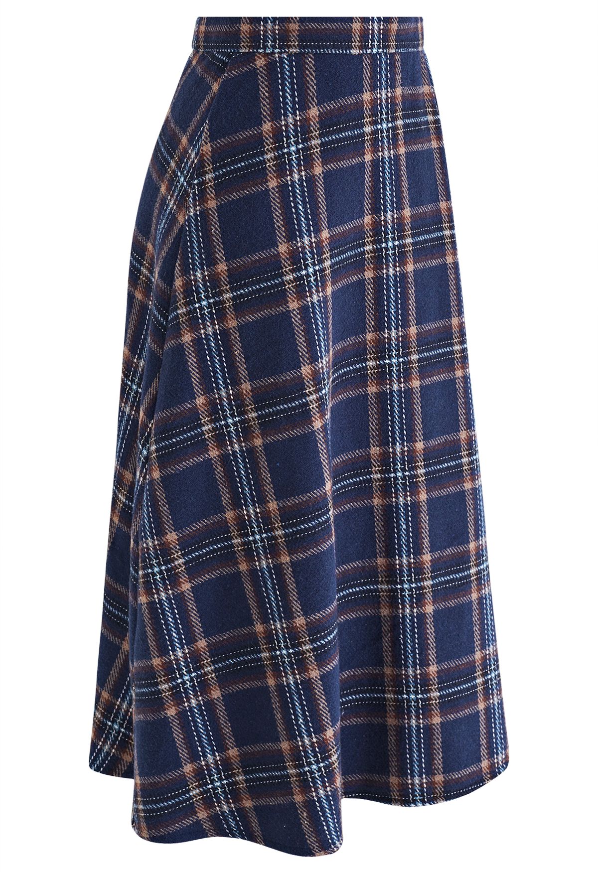 Plaid Wool-Blend Midi Skirt in Navy
