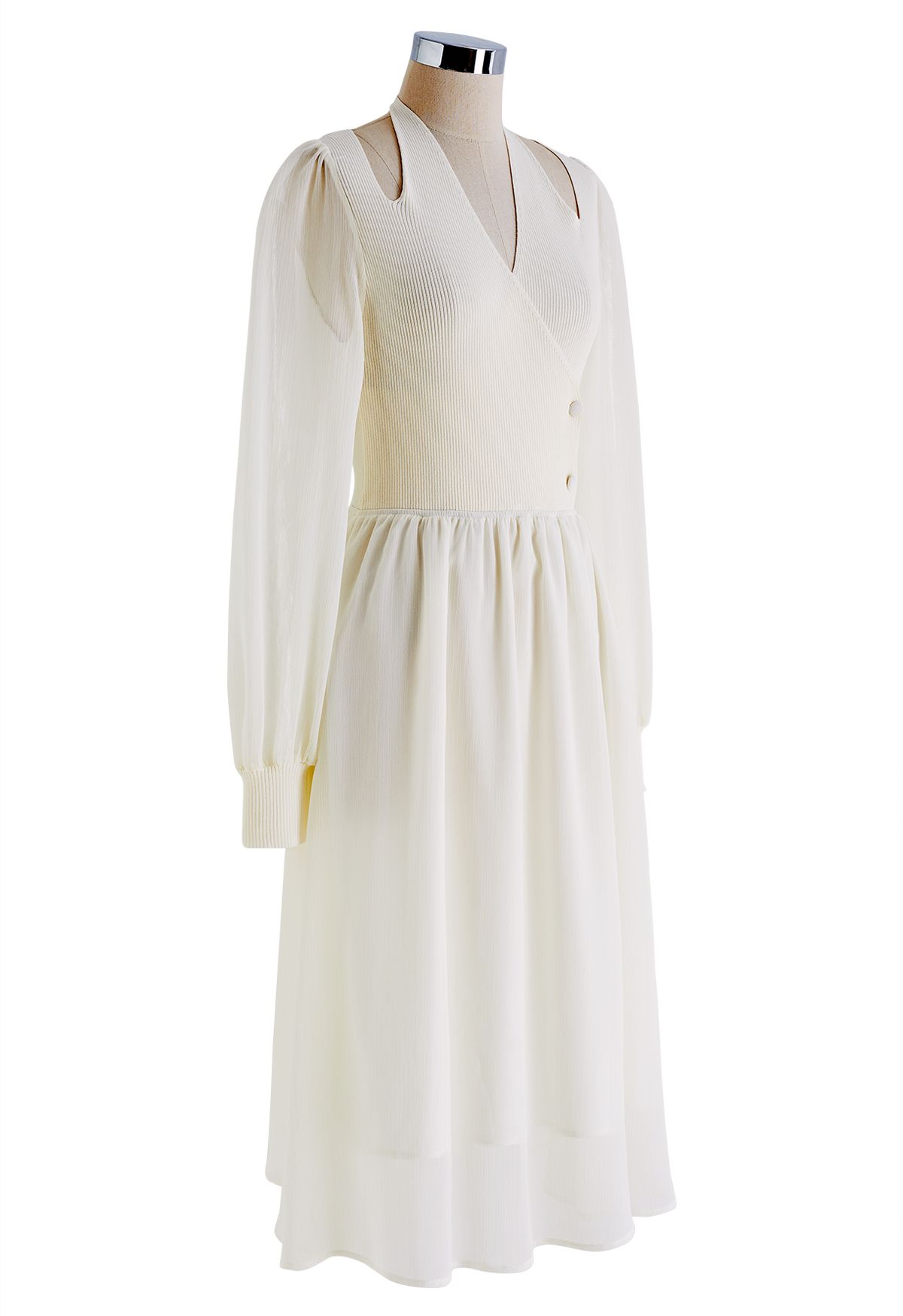 Knit Spliced Halter Neck Sheer Midi Dress in Cream