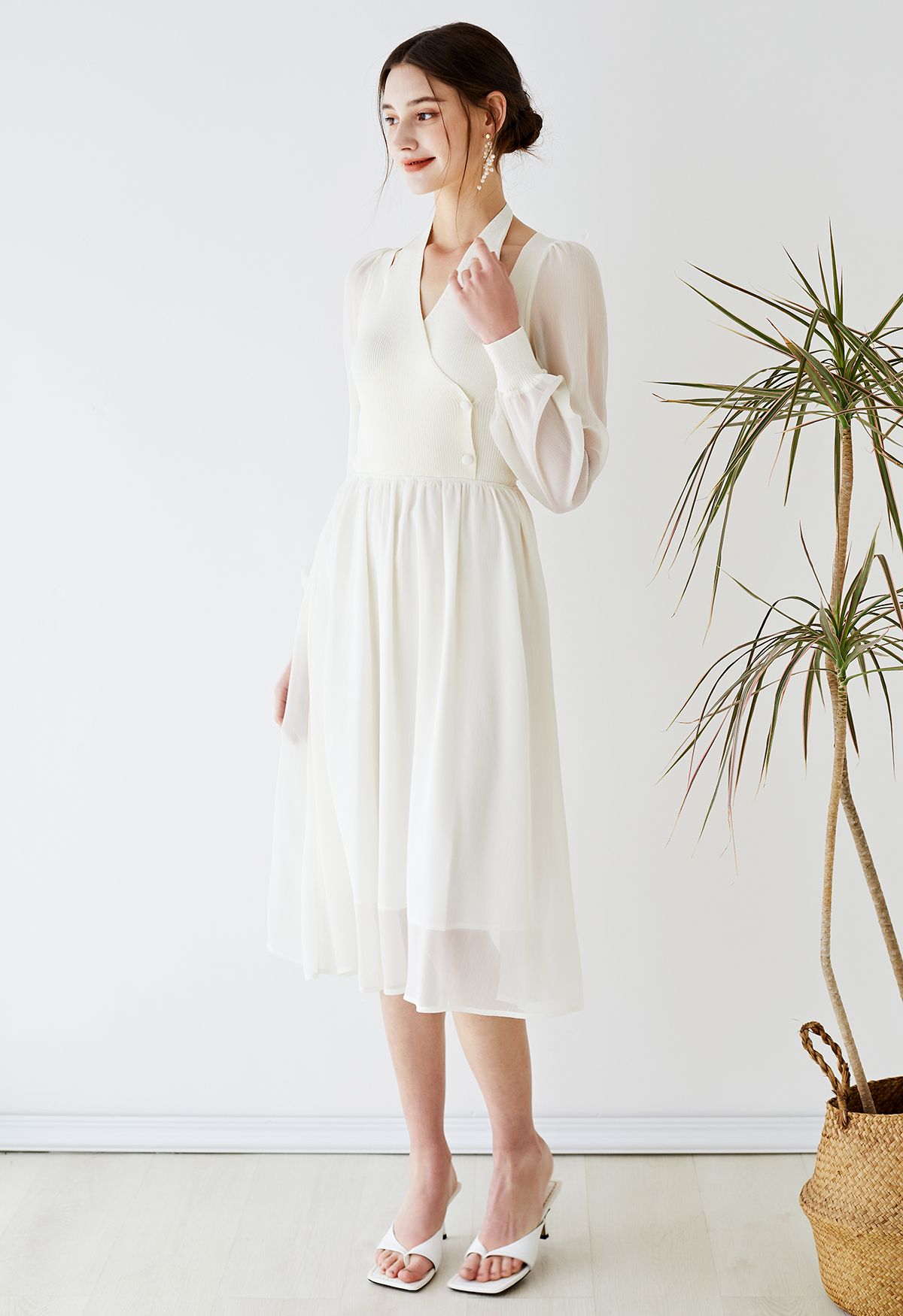 Knit Spliced Halter Neck Sheer Midi Dress in Cream