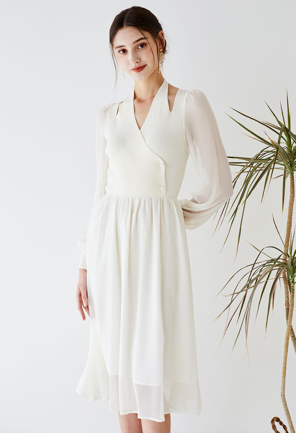 Knit Spliced Halter Neck Sheer Midi Dress in Cream