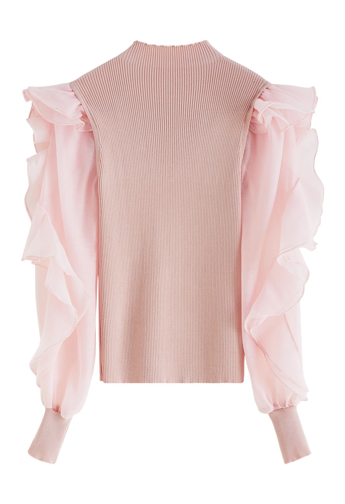 Tiered Ruffle Sleeves Spliced Knit Top in Pink