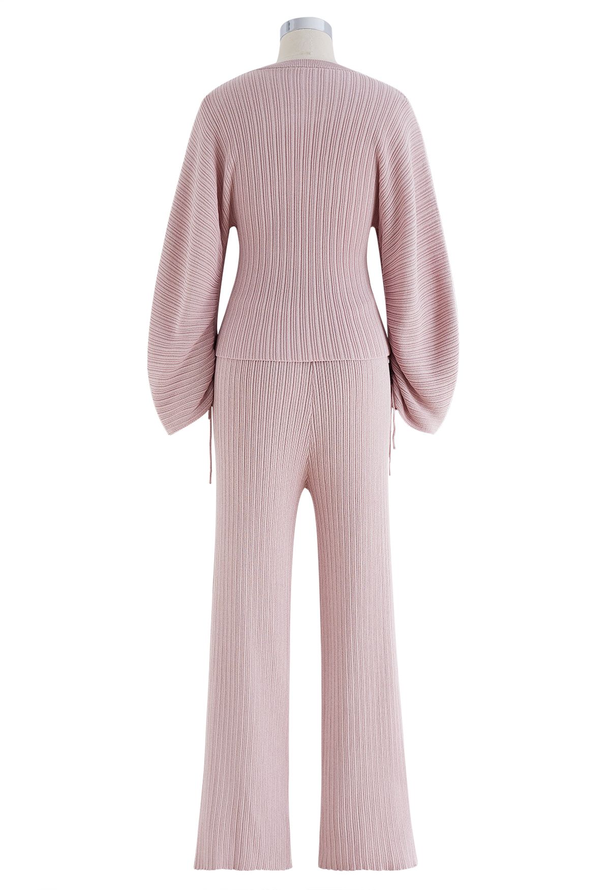 Drawstring Sleeve Knit Top and Pants Set in Dusty Pink