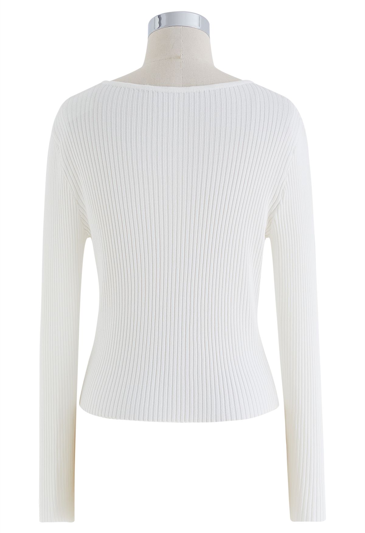 Decorative Pearls Ribbed Knit Top in White