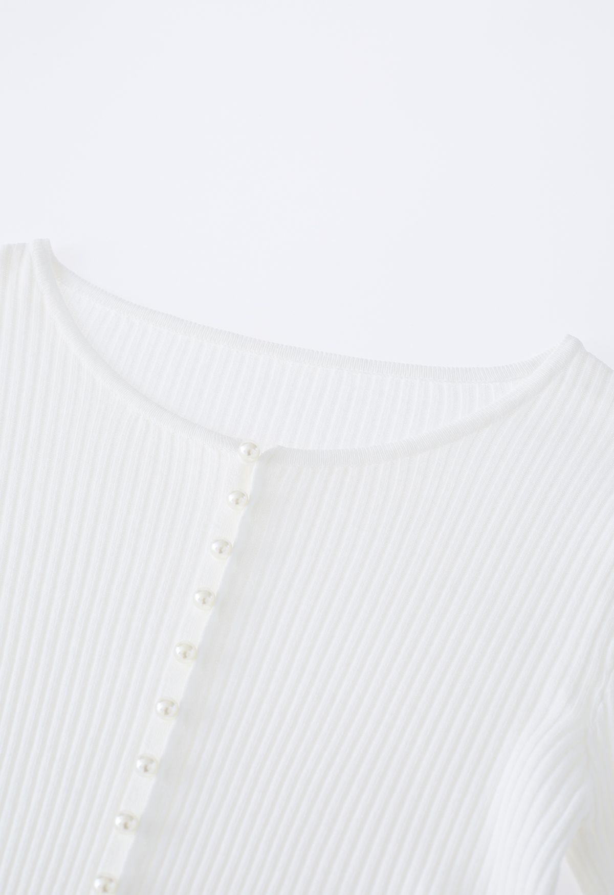 Decorative Pearls Ribbed Knit Top in White