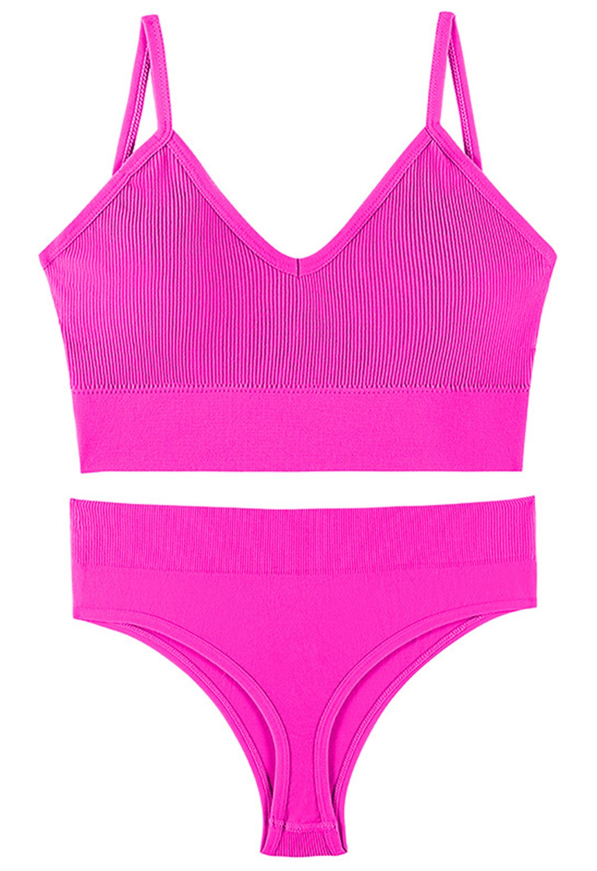 Plain Ribbed Lingerie Bra Top and Thong Set in Hot Pink