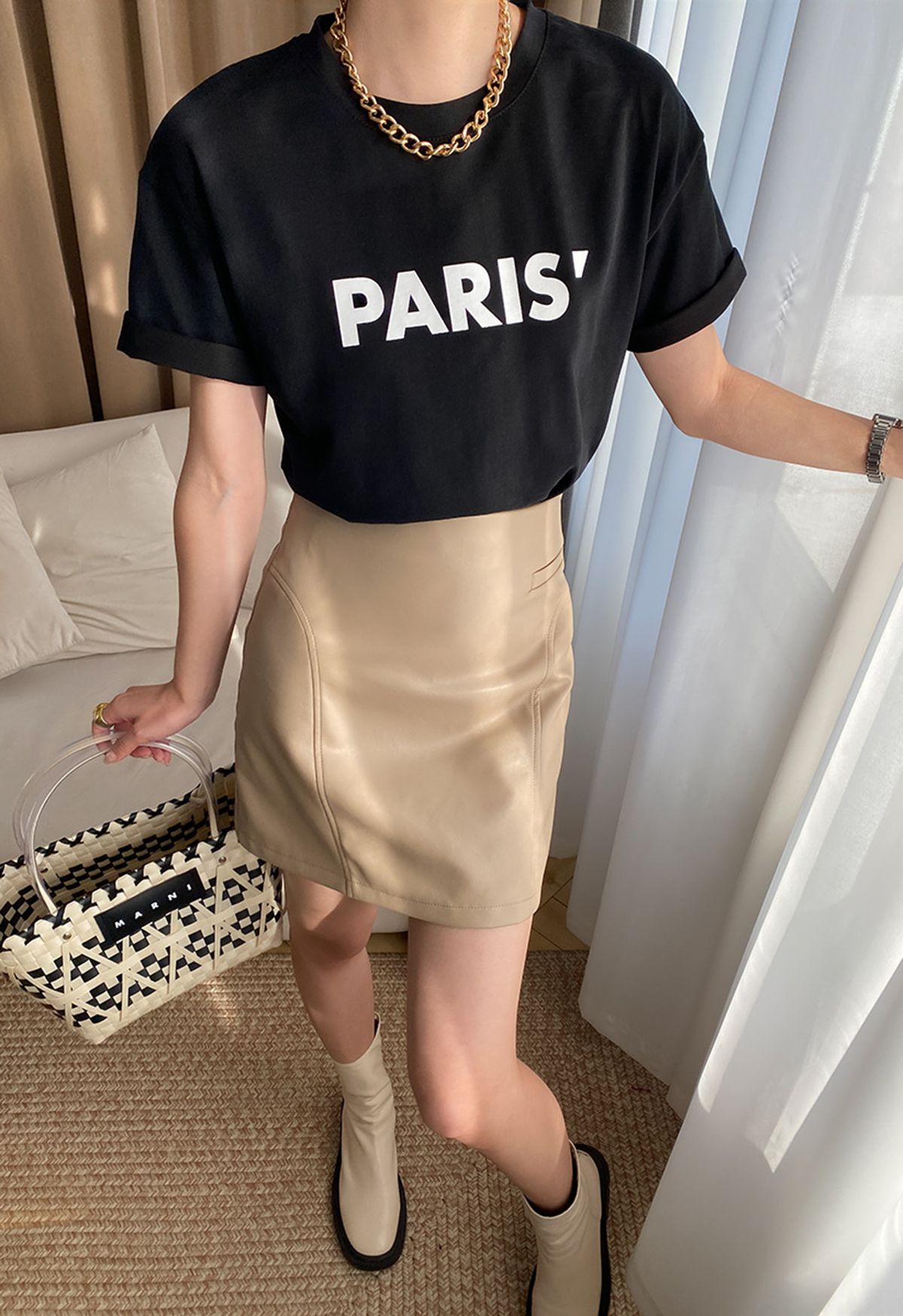 Paris Print Round Neck T-Shirt in Black