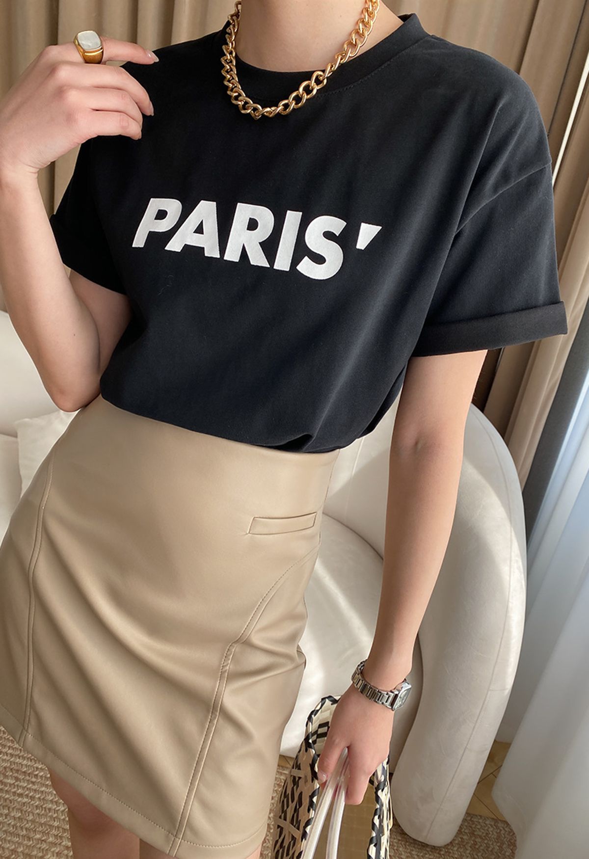 Paris Print Round Neck T-Shirt in Black