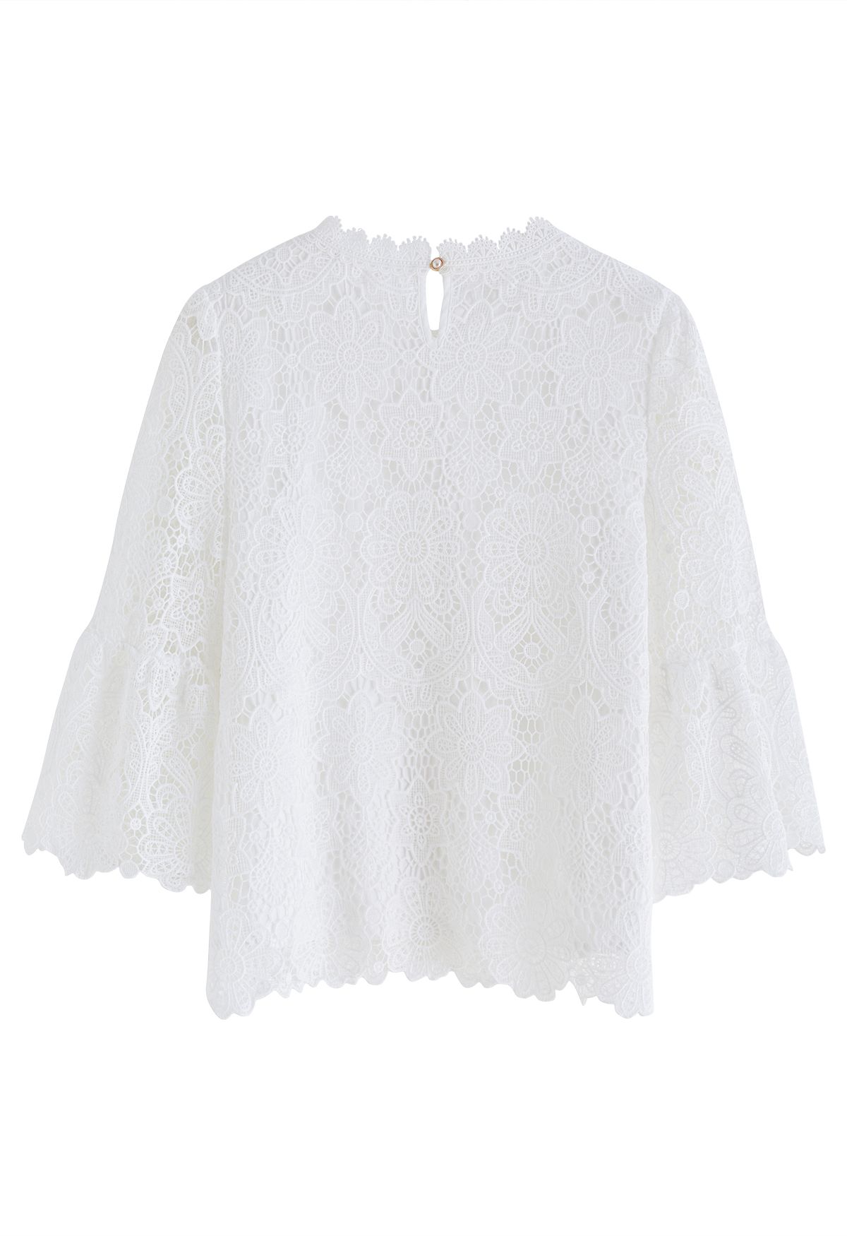 Fancy Flower Cutwork Flare Sleeves Top in White