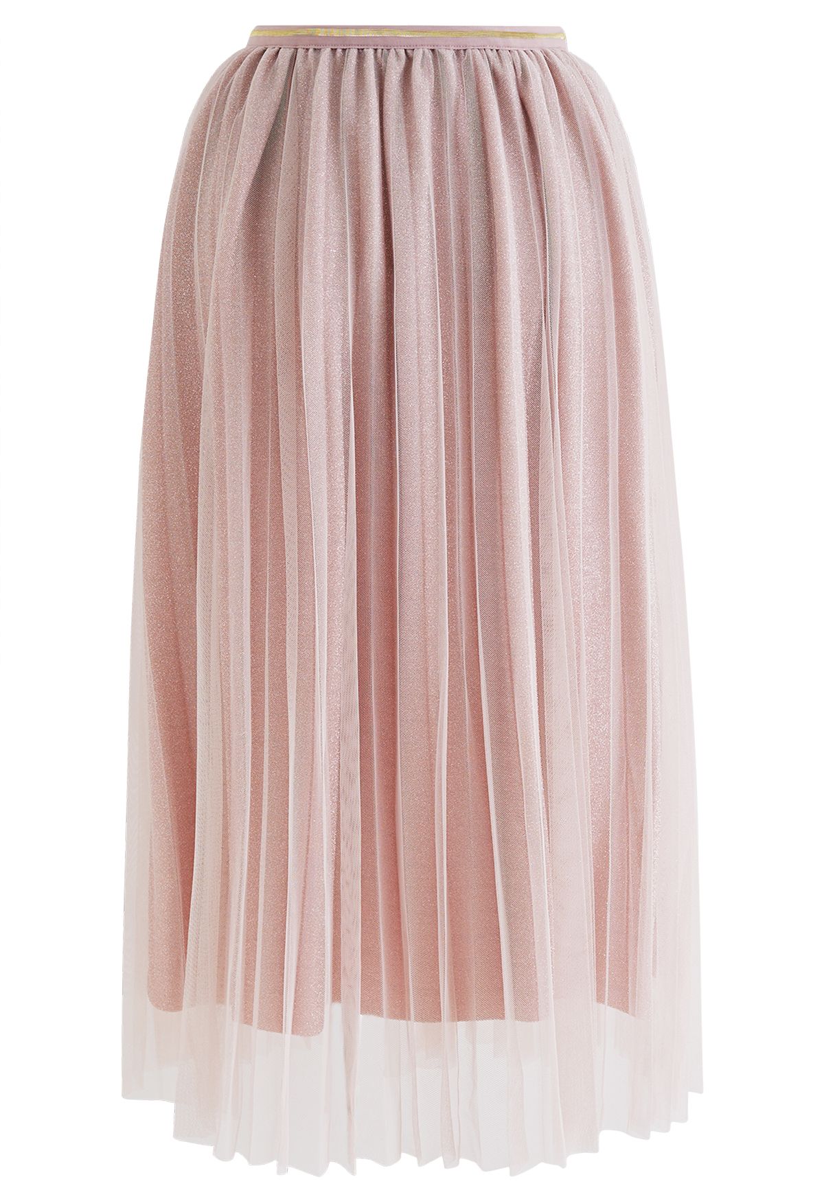 Glimmering Pleated Mesh Midi Skirt in Pink