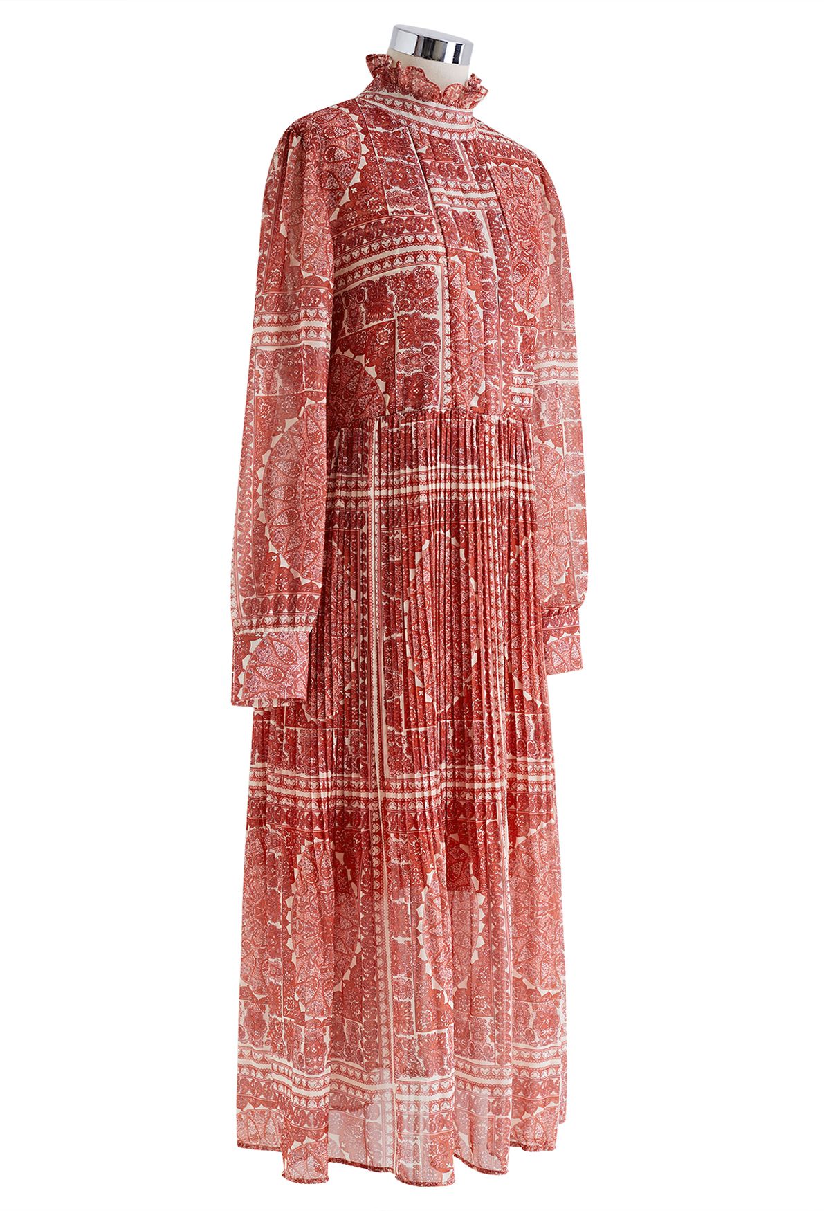 Boho Paisley Pleated Chiffon Midi Dress in Rust Red