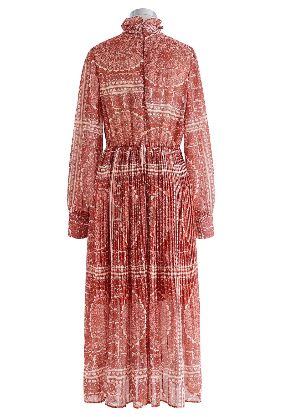 Boho Paisley Pleated Chiffon Midi Dress in Rust Red