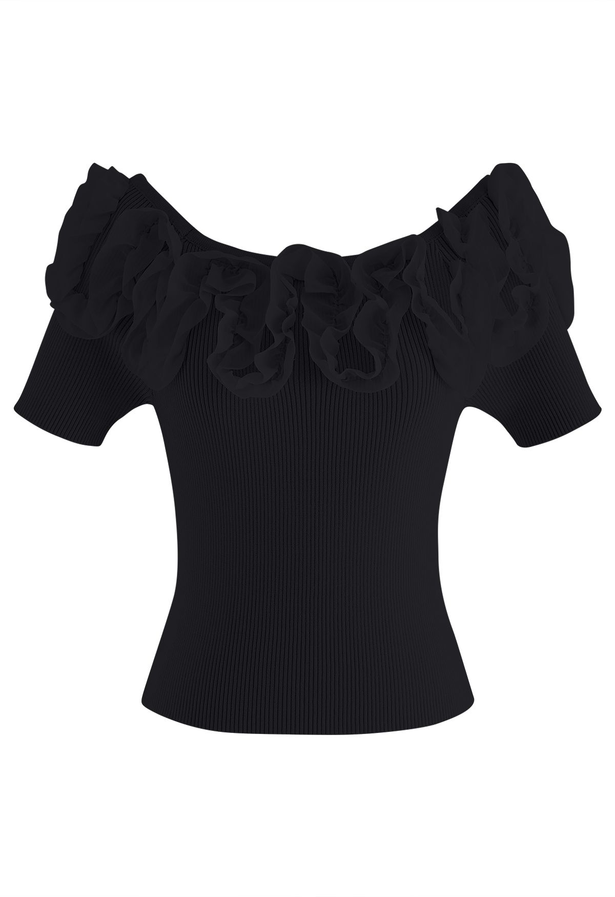 Ruffle Mesh Boat Neck Knit Top in Black