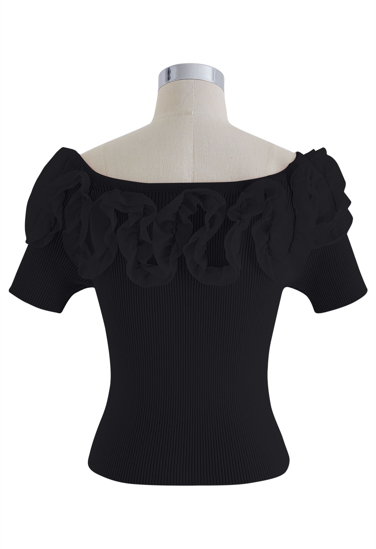 Ruffle Mesh Boat Neck Knit Top in Black