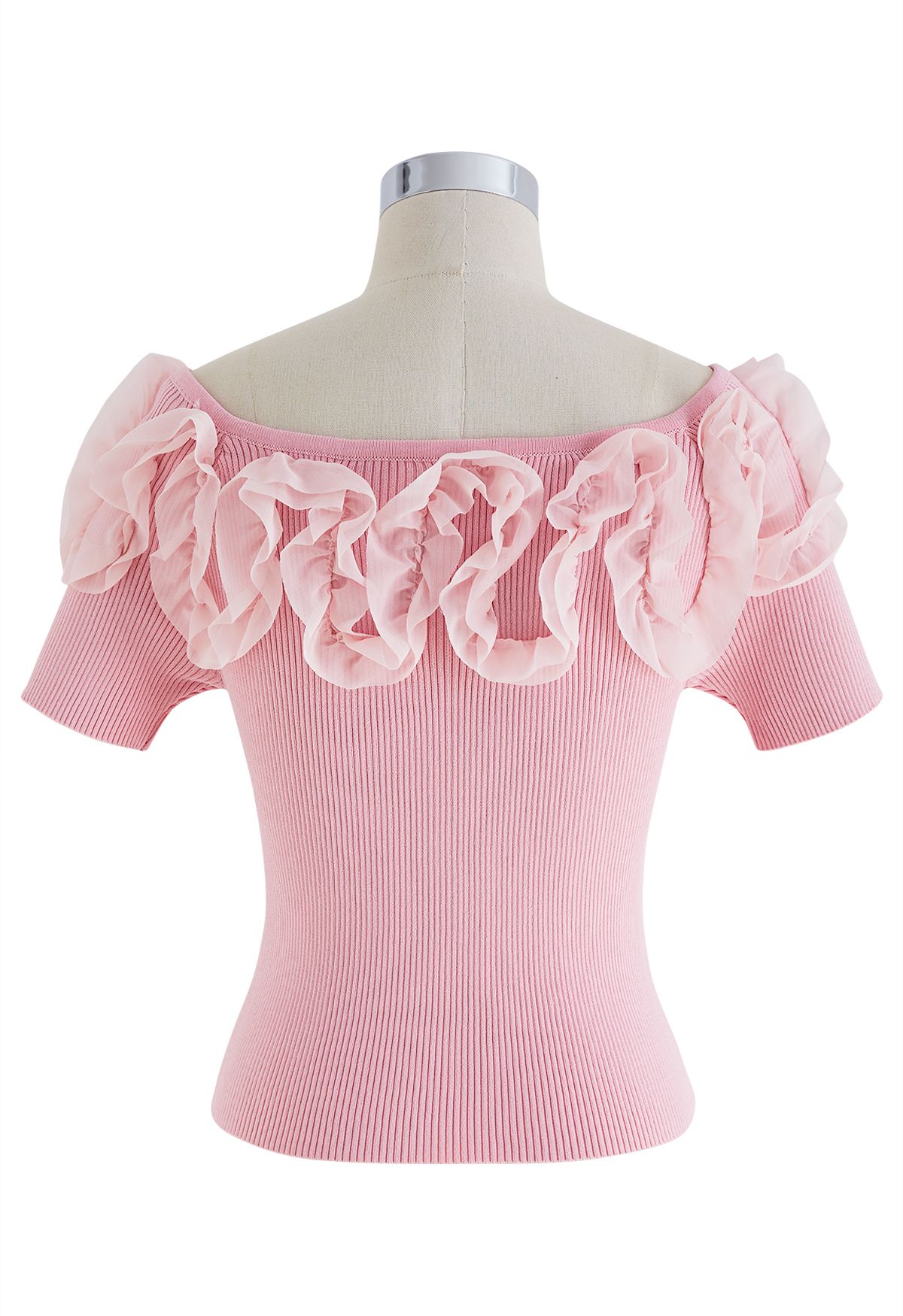 Ruffle Mesh Boat Neck Knit Top in Pink