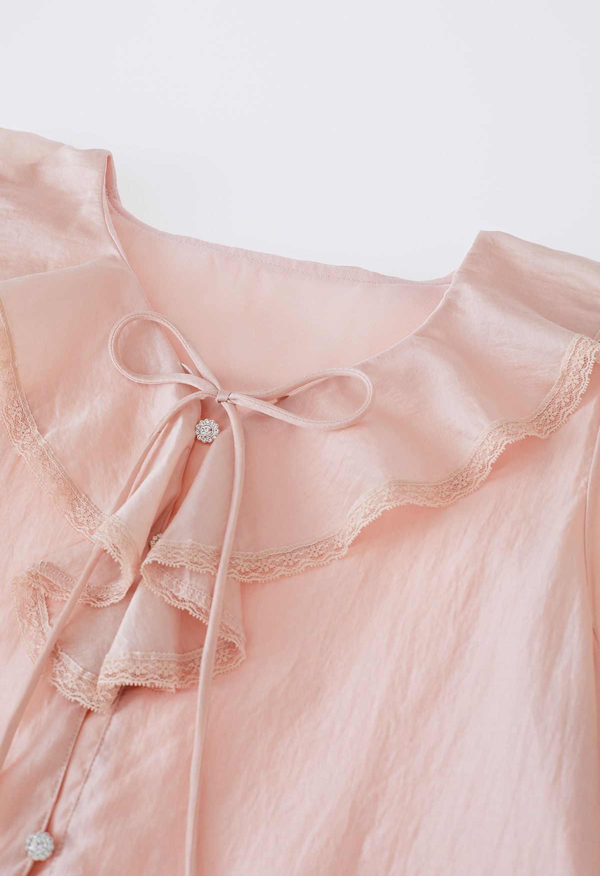 Ruffle V-Neck Tie-String Sheer Shirt in Peach