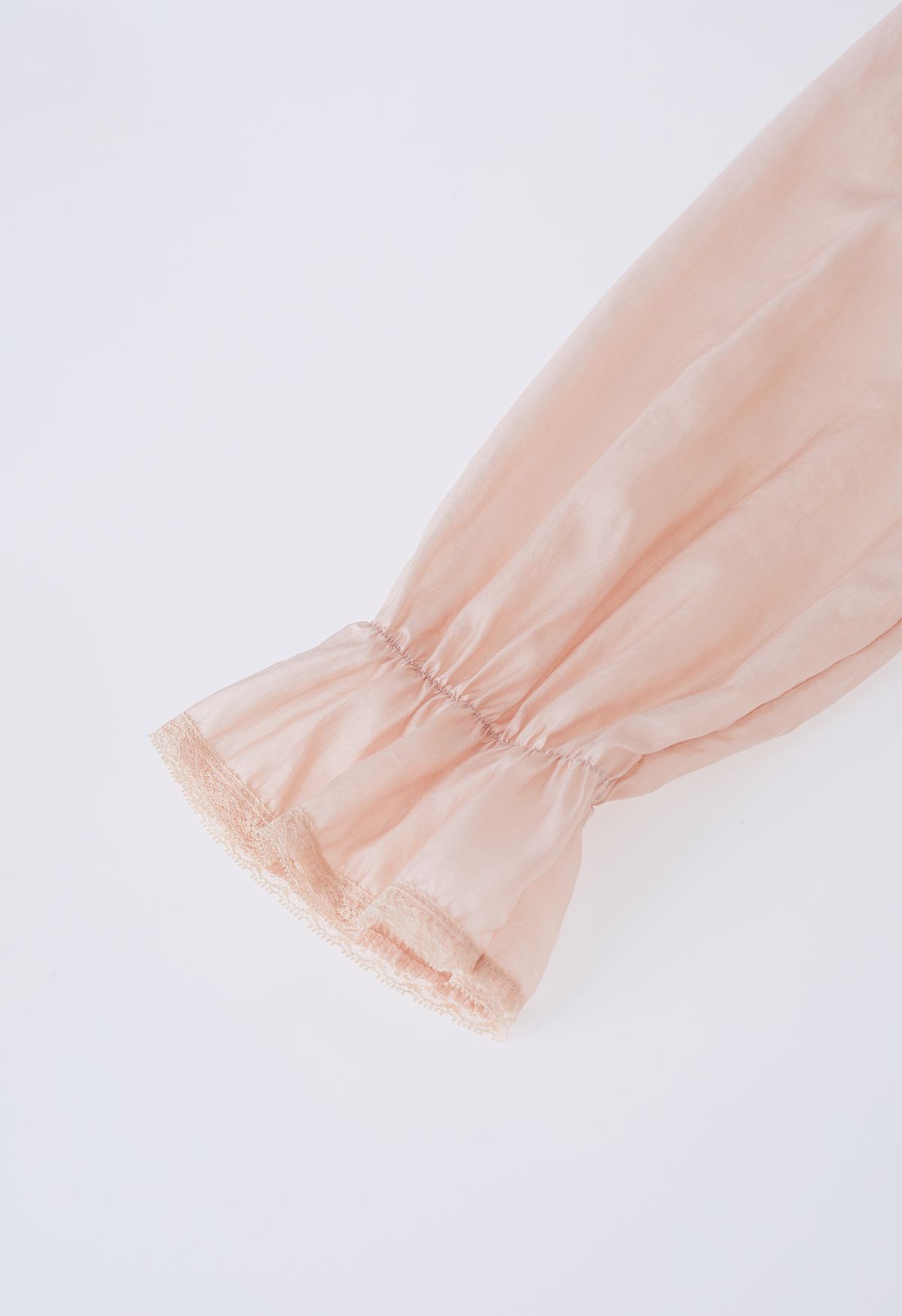 Ruffle V-Neck Tie-String Sheer Shirt in Peach