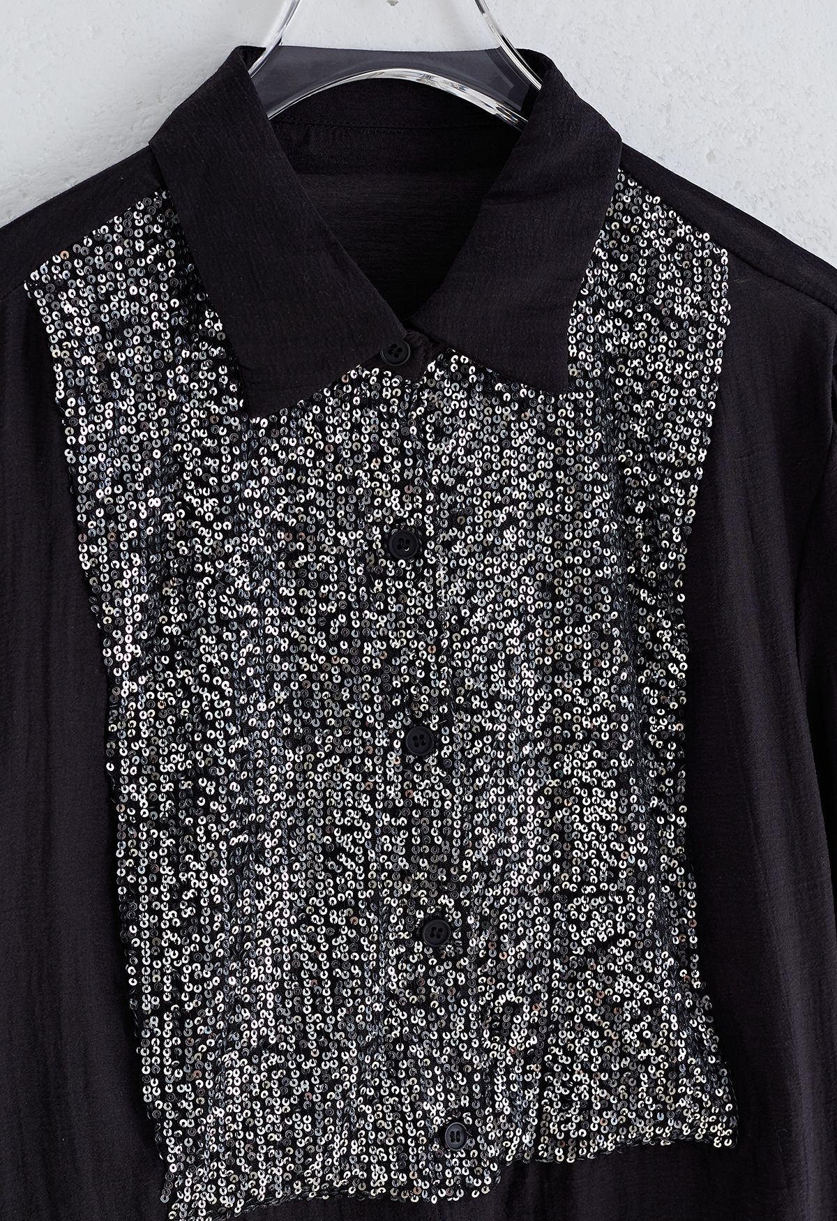 Sparkling Sequin Embellished Button Down Shirt in Black