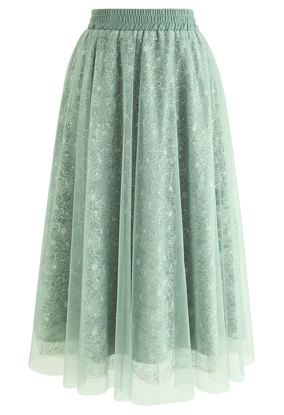 Sequined Floral Lace Mesh Tulle Skirt in Mint