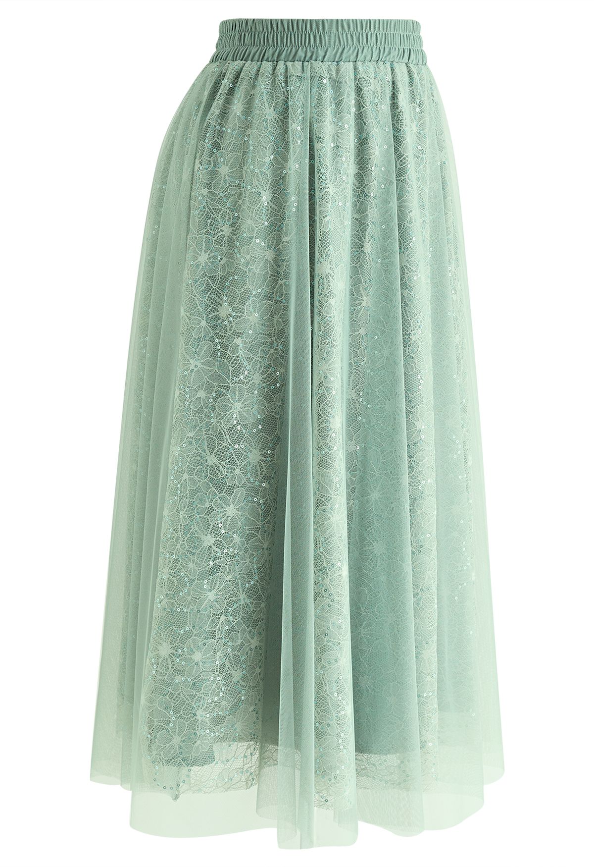 Sequined Floral Lace Mesh Tulle Skirt in Mint