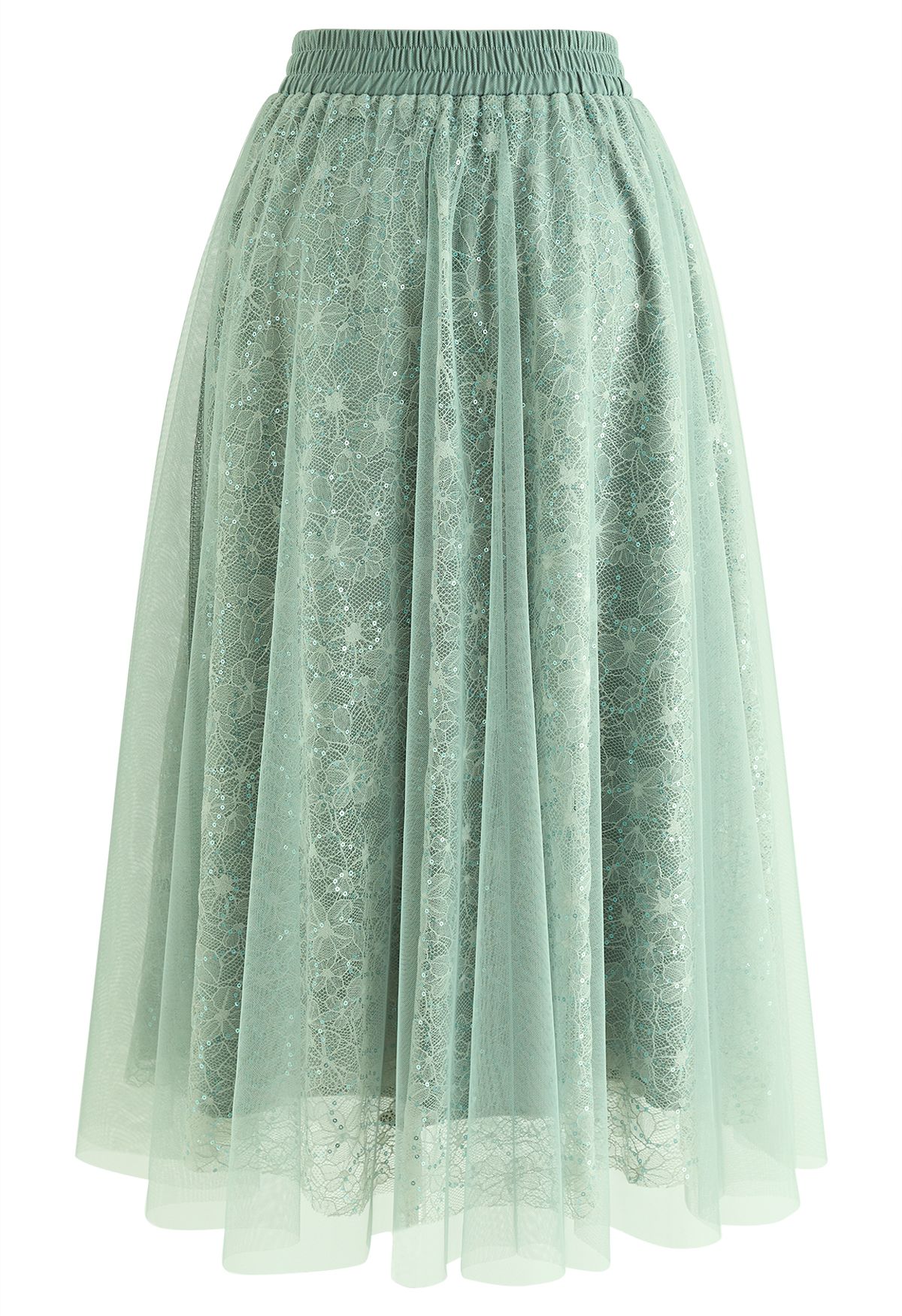 Sequined Floral Lace Mesh Tulle Skirt in Mint