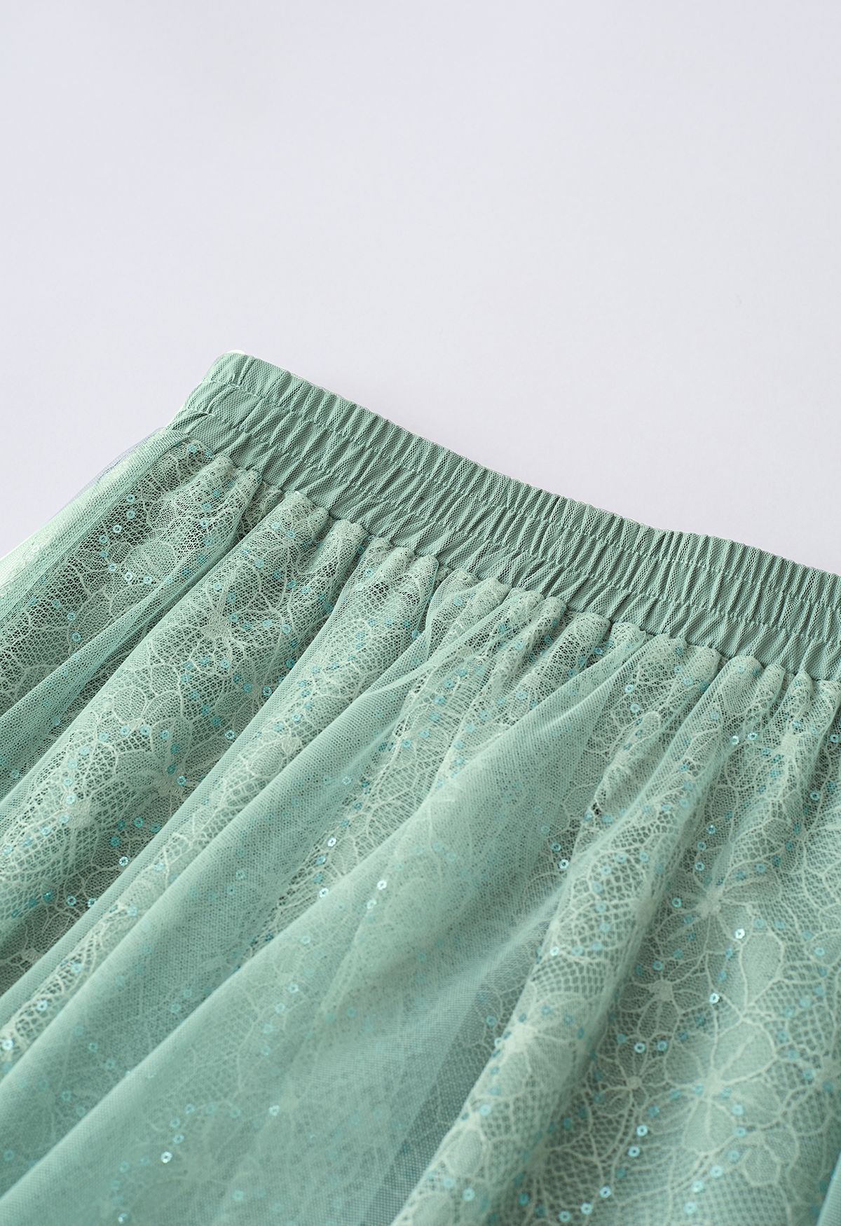 Sequined Floral Lace Mesh Tulle Skirt in Mint