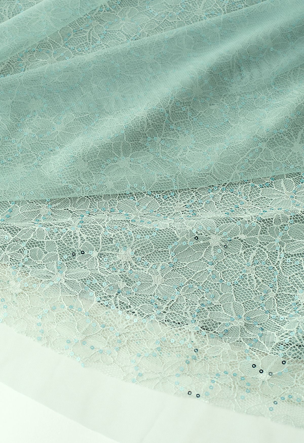 Sequined Floral Lace Mesh Tulle Skirt in Mint