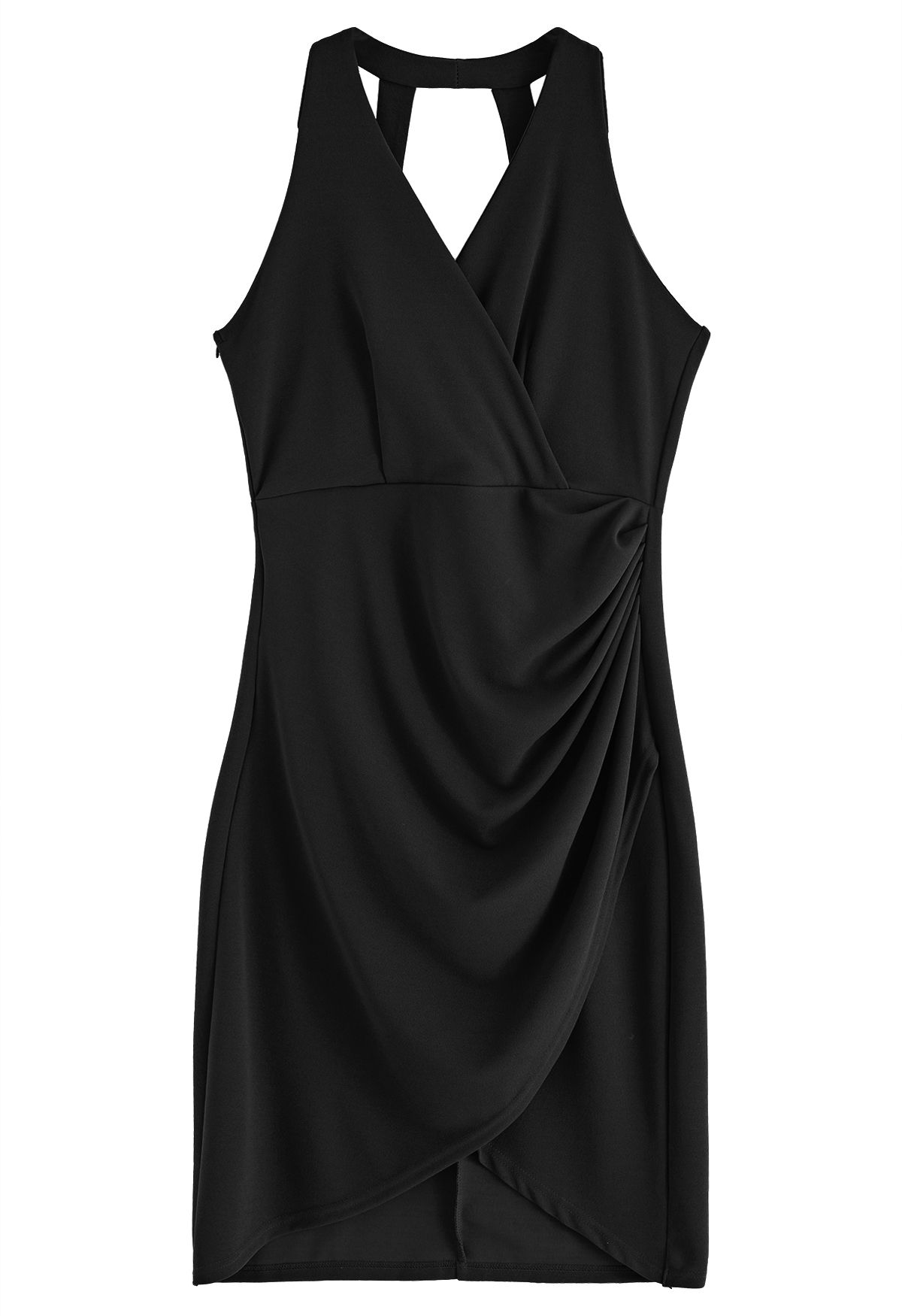 Tulip Hem Ruched Wrap Dress in Black