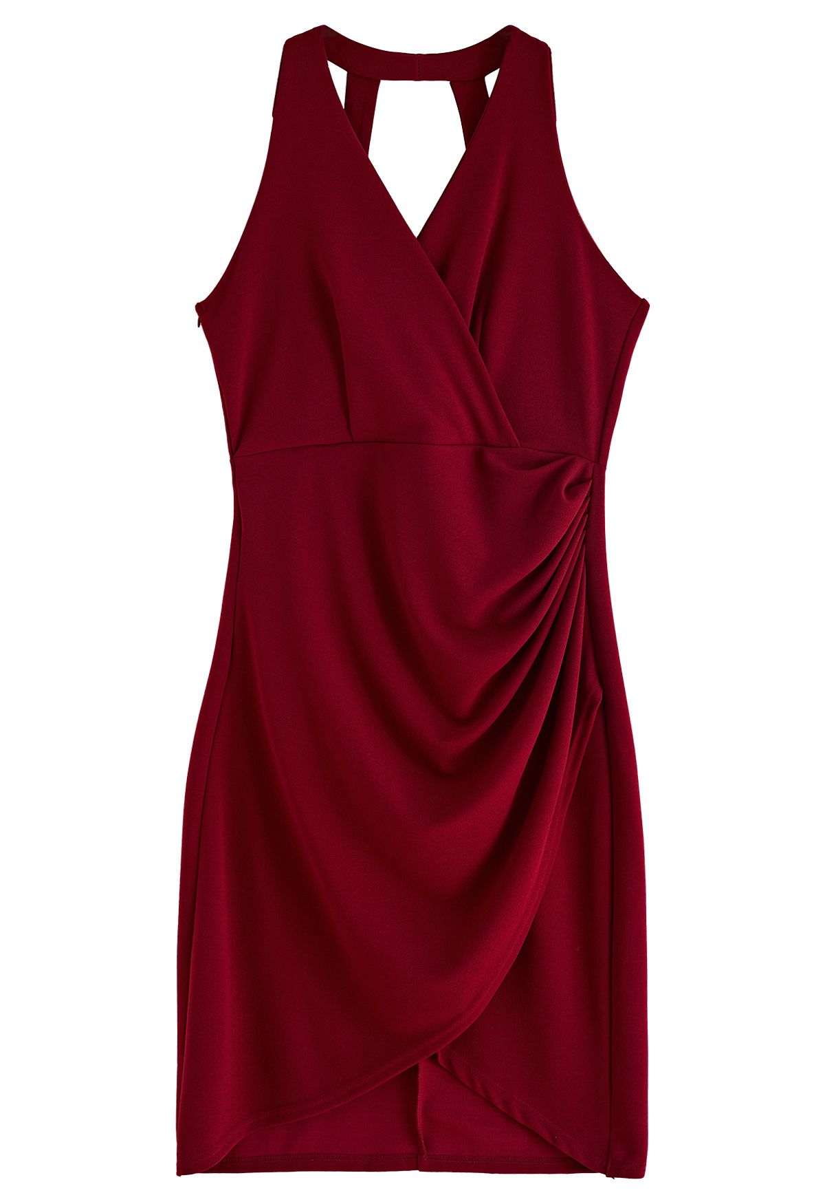 Tulip Hem Ruched Wrap Dress in Burgundy