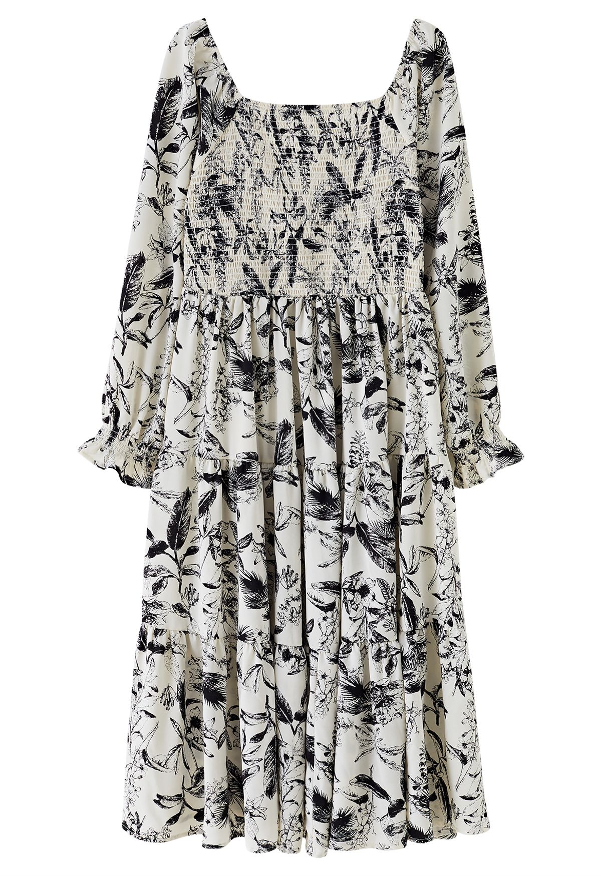 Inky Botanical Print Square Neck Midi Dress