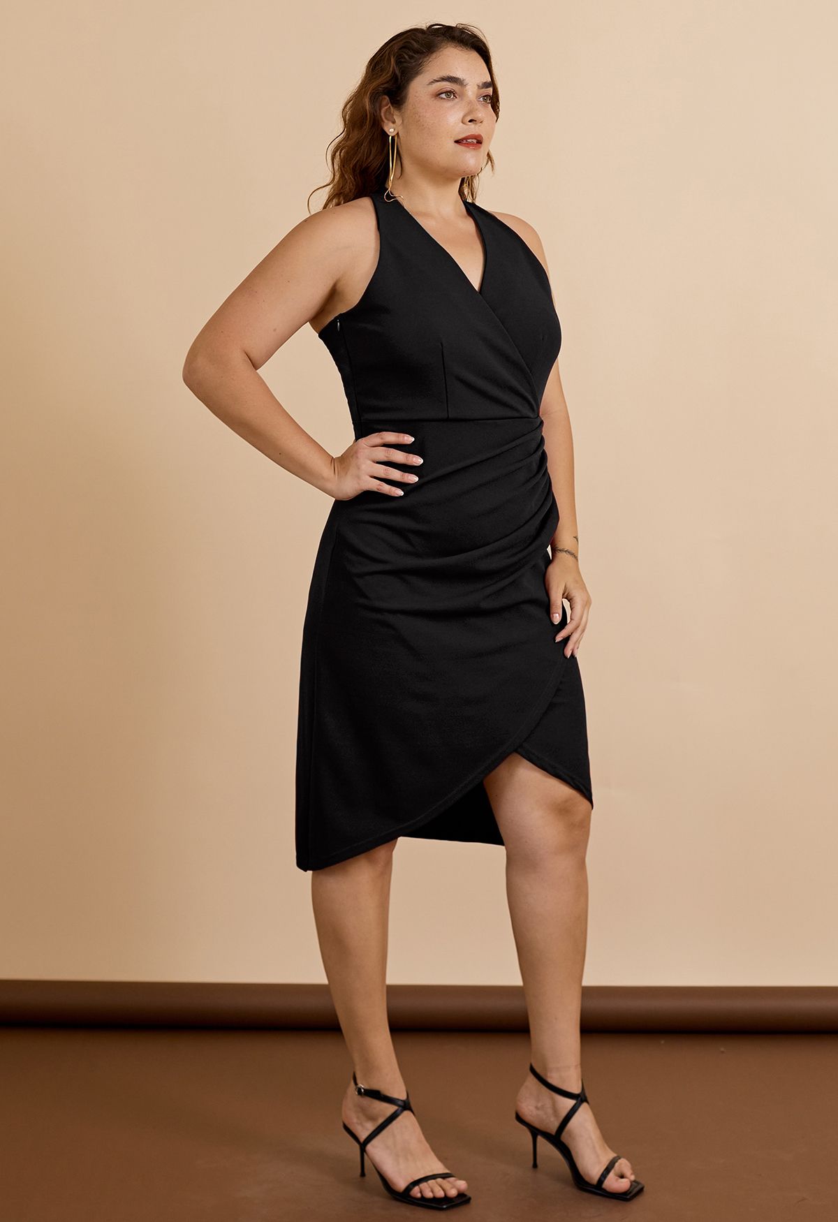 Tulip Hem Ruched Wrap Dress in Black