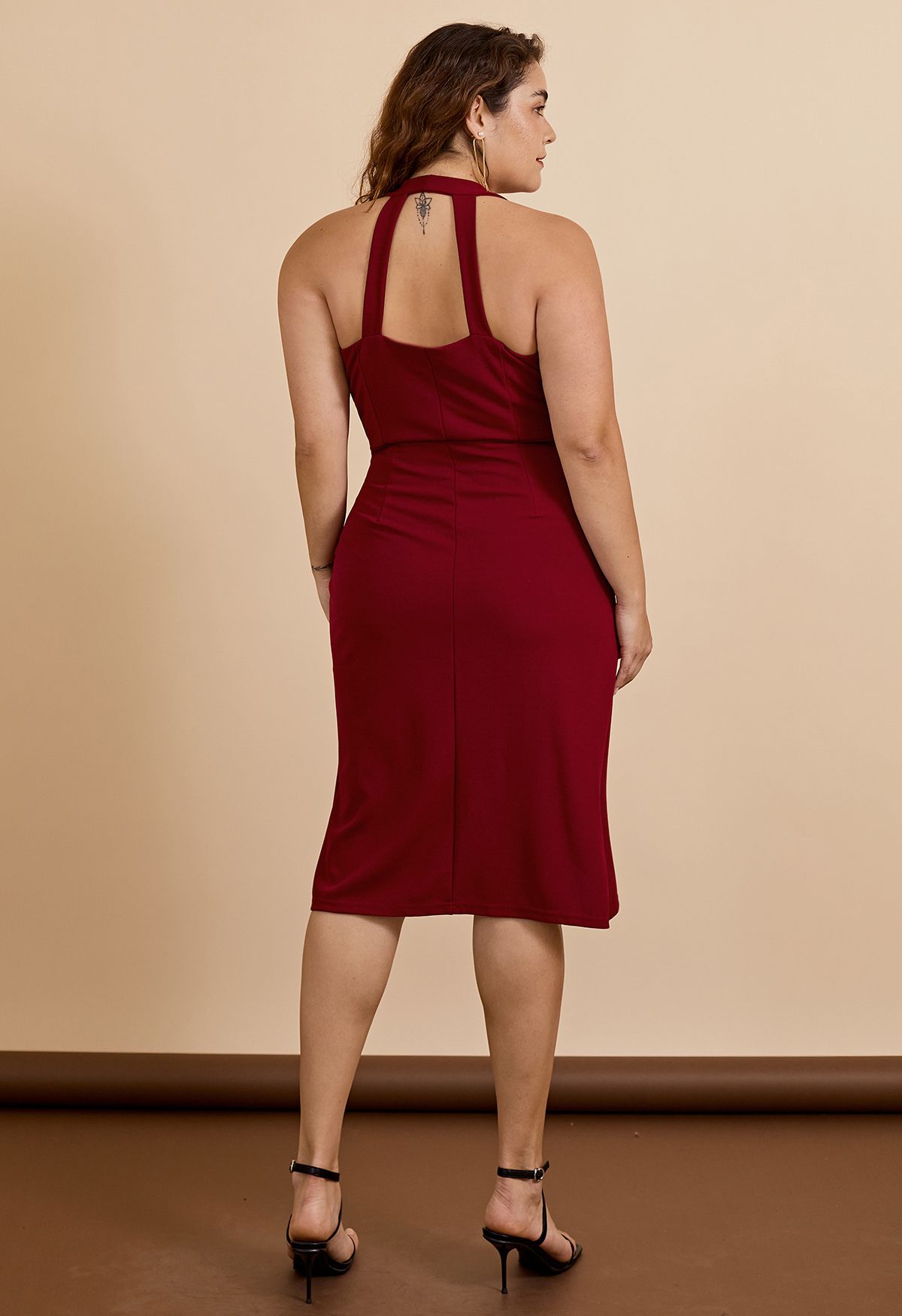 Tulip Hem Ruched Wrap Dress in Burgundy