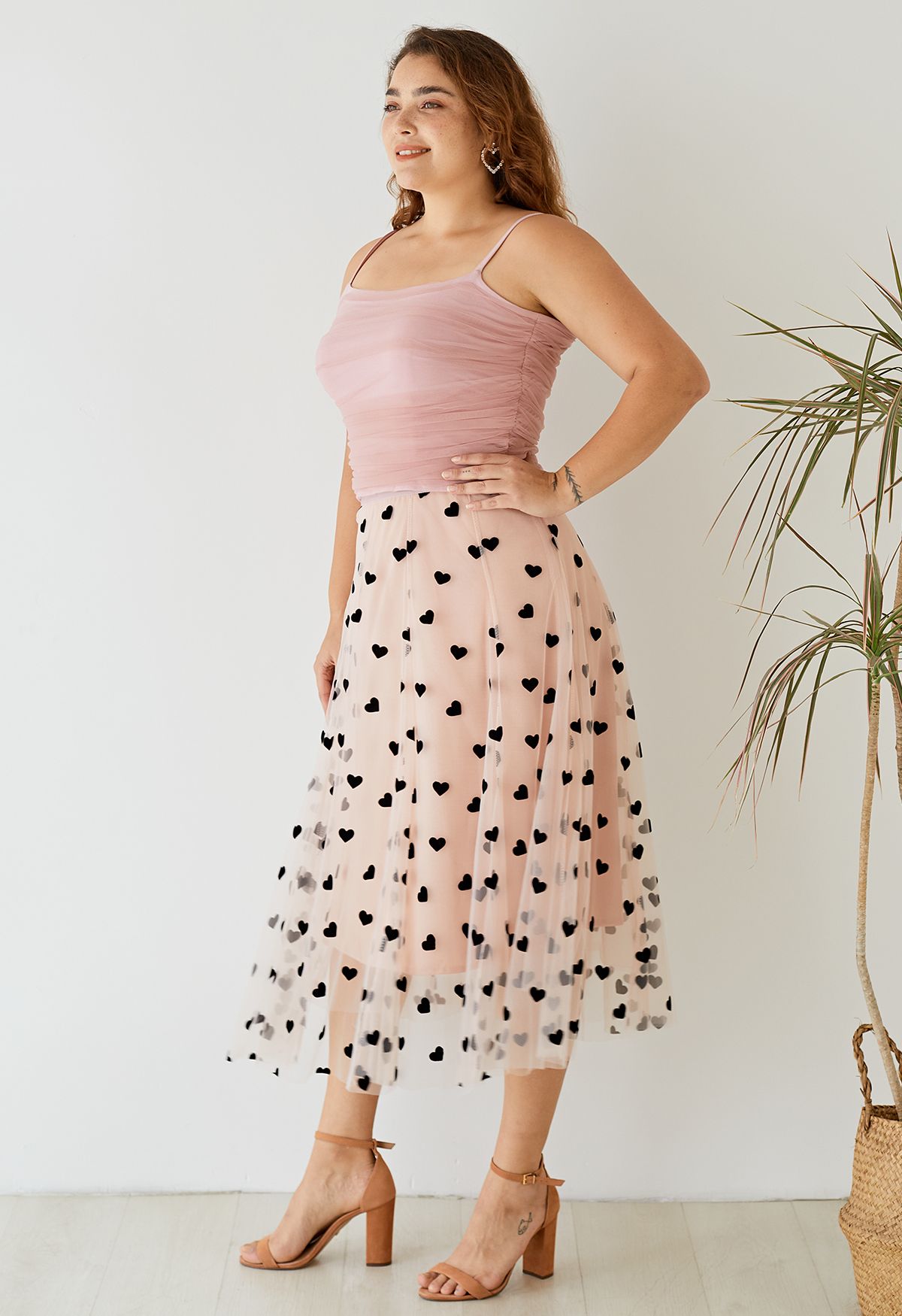 3D愛心雙層網紗半身長裙-粉紅色