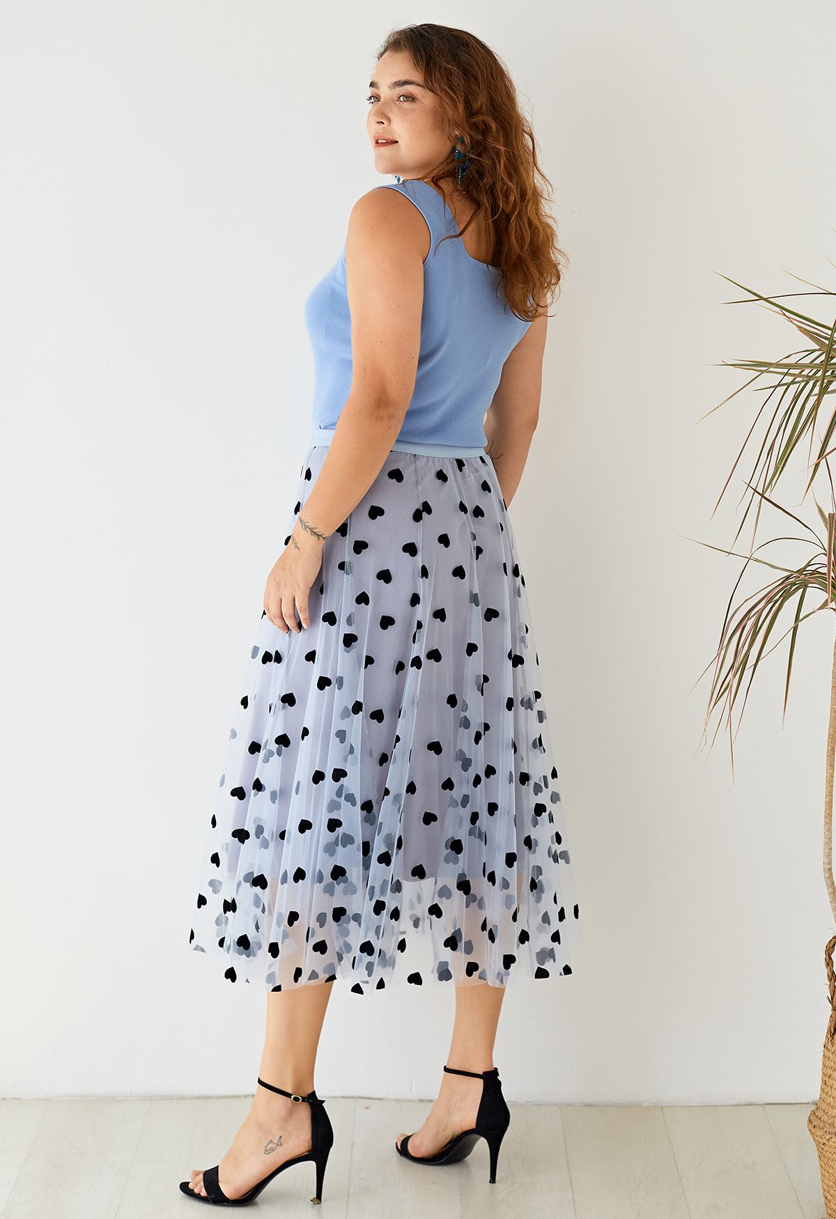 3D愛心雙層網紗半身長裙-藍色