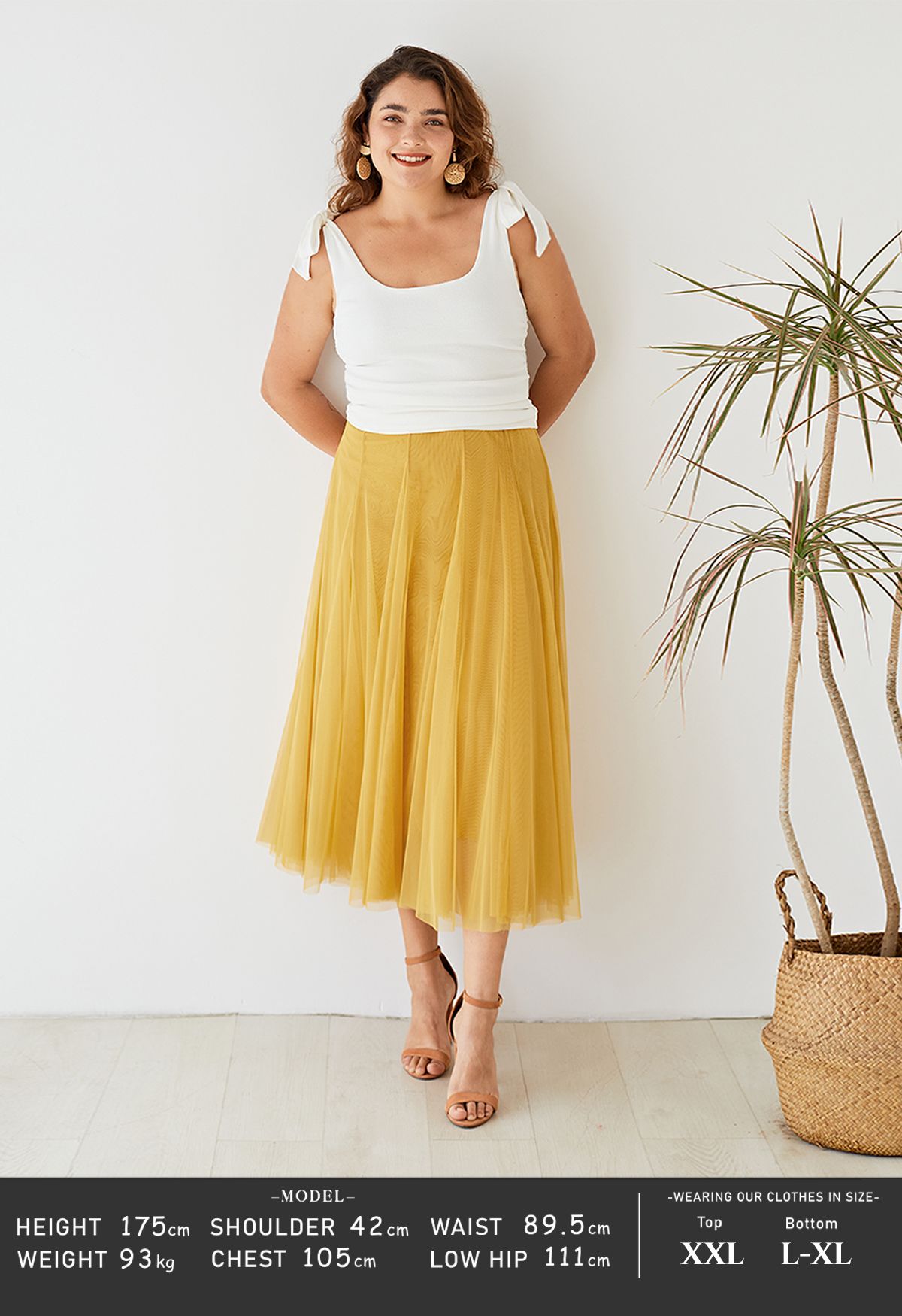 薄紗曡層中長裙-黃色