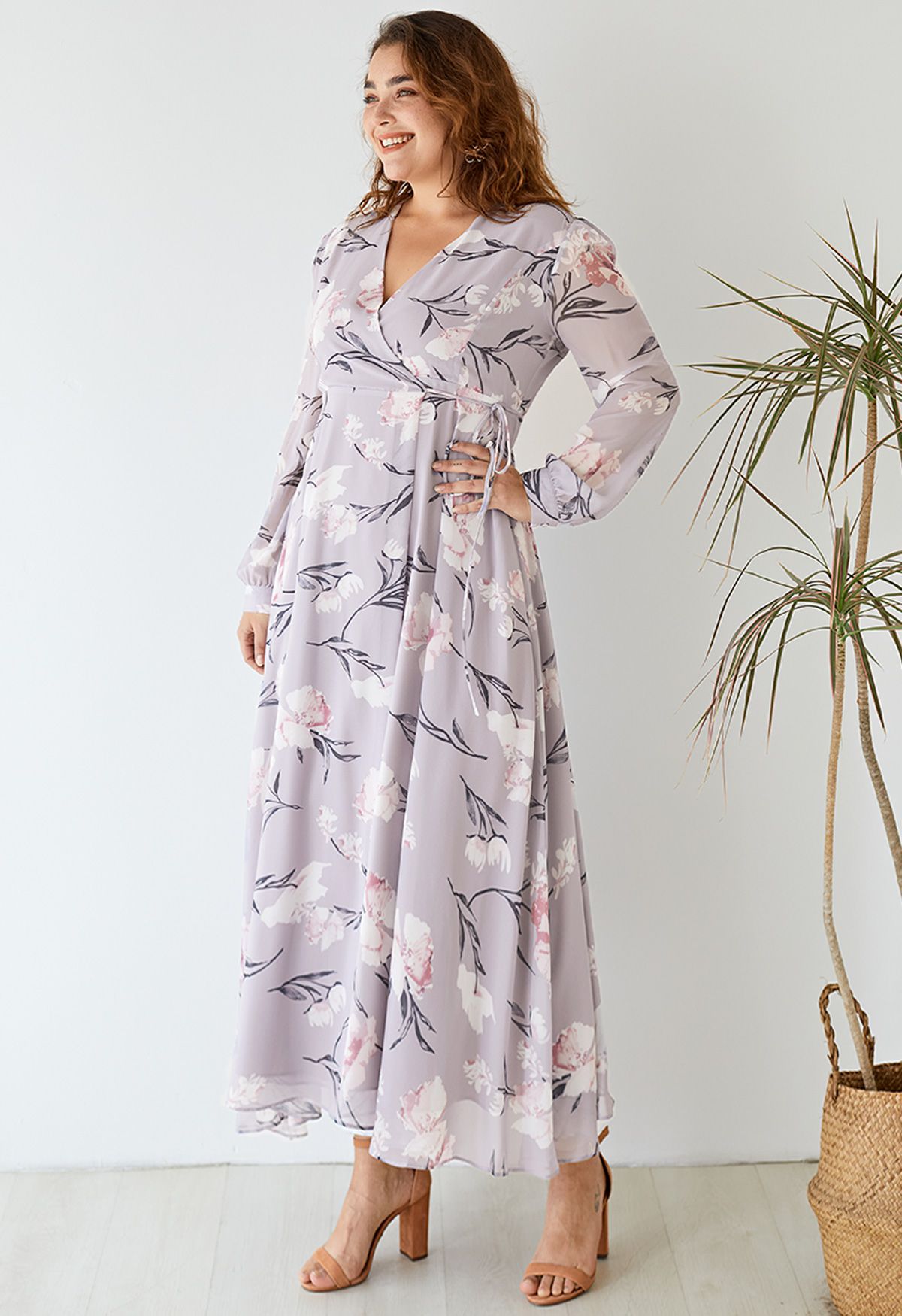 Stunning Lavender Floral Print Wrap Chiffon Maxi Dress