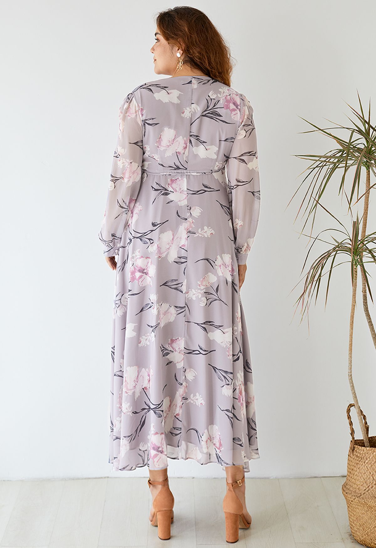 Stunning Lavender Floral Print Wrap Chiffon Maxi Dress