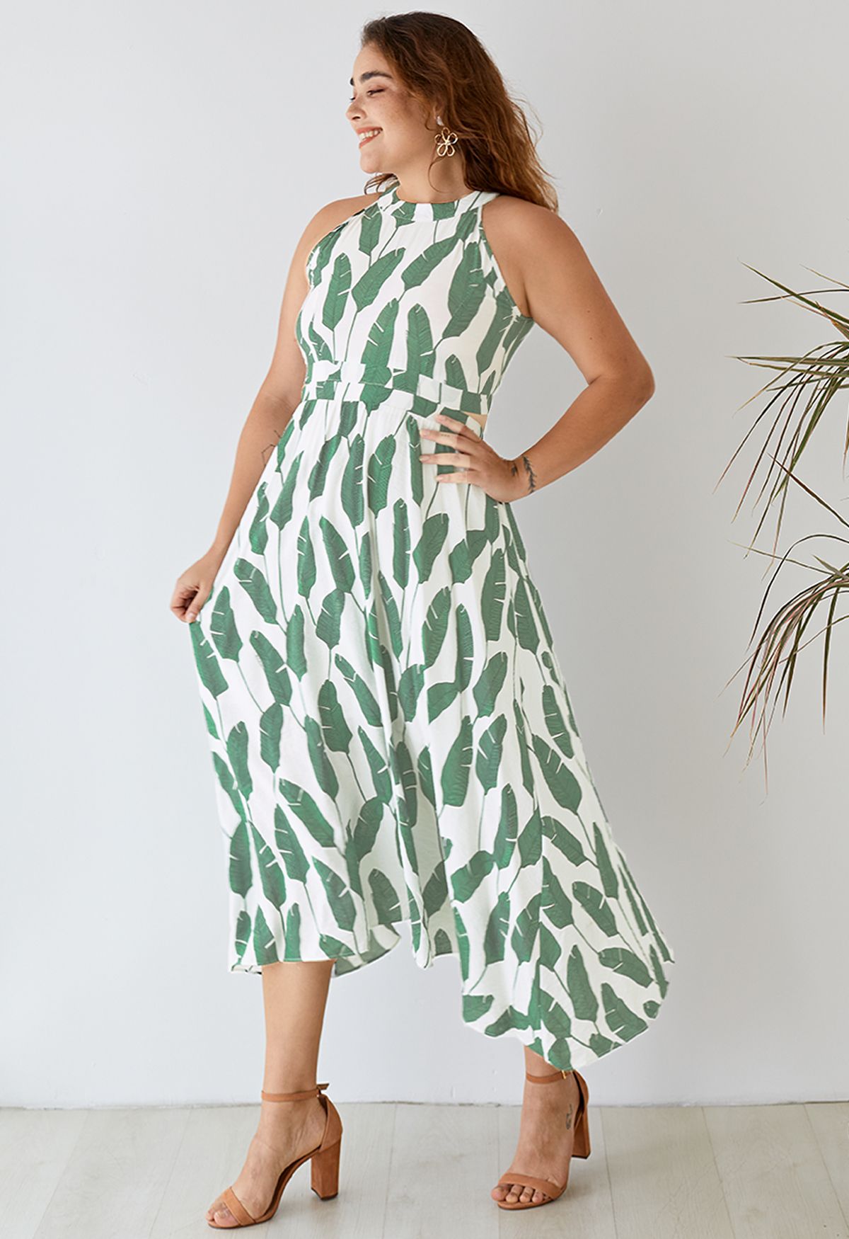 棕櫚葉露肩領長連衣裙--綠色