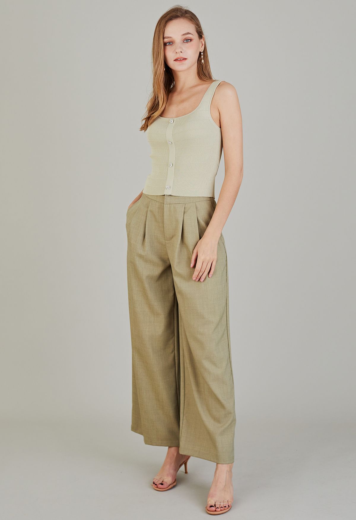 Subtle Pleats Wide-Leg Pants in Sage