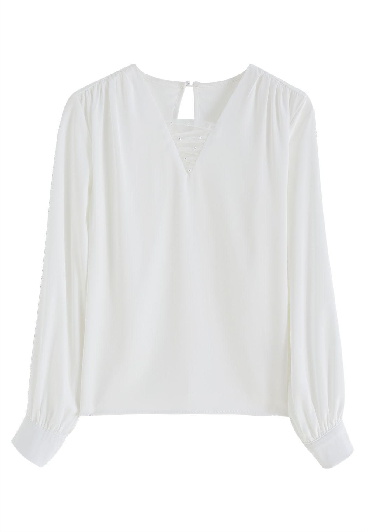 Pearl Mesh Spliced V-Neck Satin Top in White